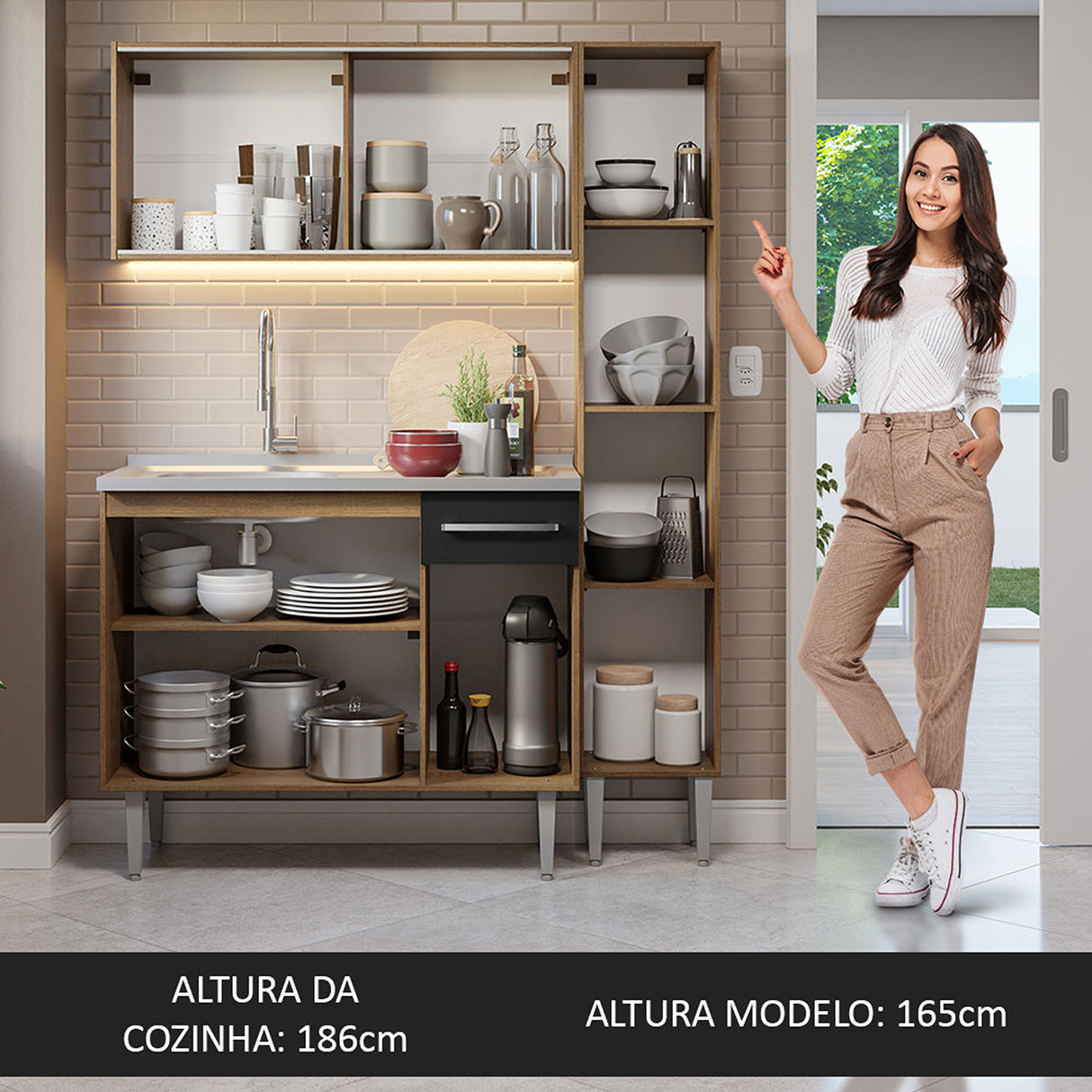Cocina Integral Emilly Marron y Negro 137x186cm con Mesón de Acero y con Pozuelo - COCINAS | Bylmo