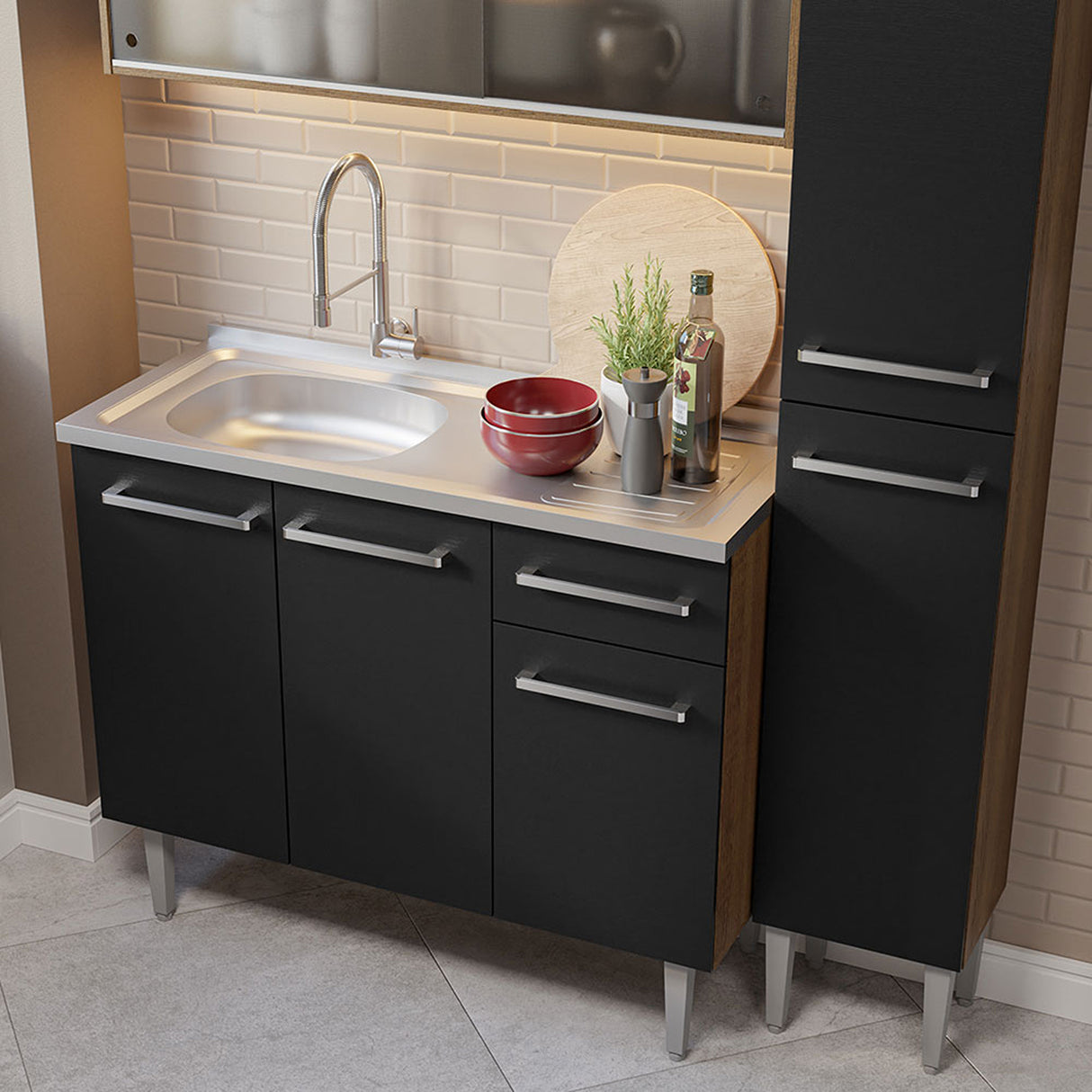 Cocina Integral Emilly Marron y Negro 137x186cm con Mesón de Acero y con Pozuelo - COCINAS | Bylmo