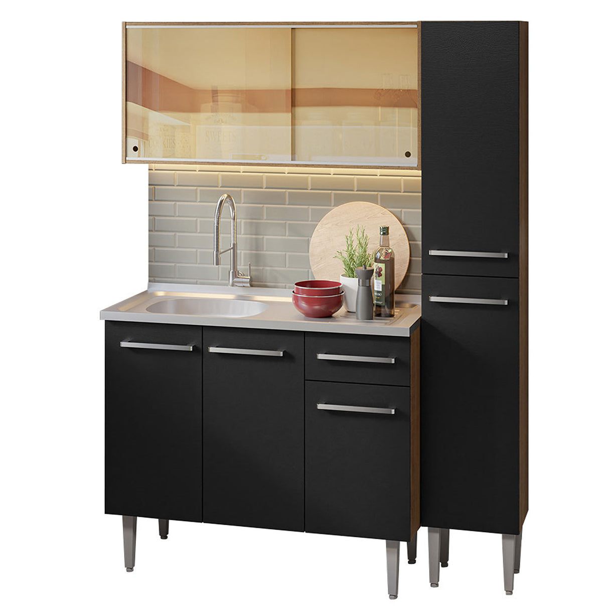 Cocina Integral Emilly Marron y Negro 137x186cm con Mesón y Pozuelo de Acero - COCINAS | Bylmo