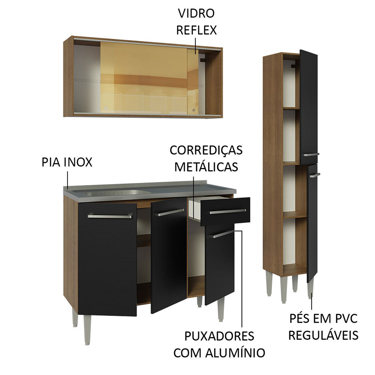 Cocina Integral Emilly Marron y Negro 137x186cm con Mesón y Pozuelo de Acero - COCINAS | Bylmo