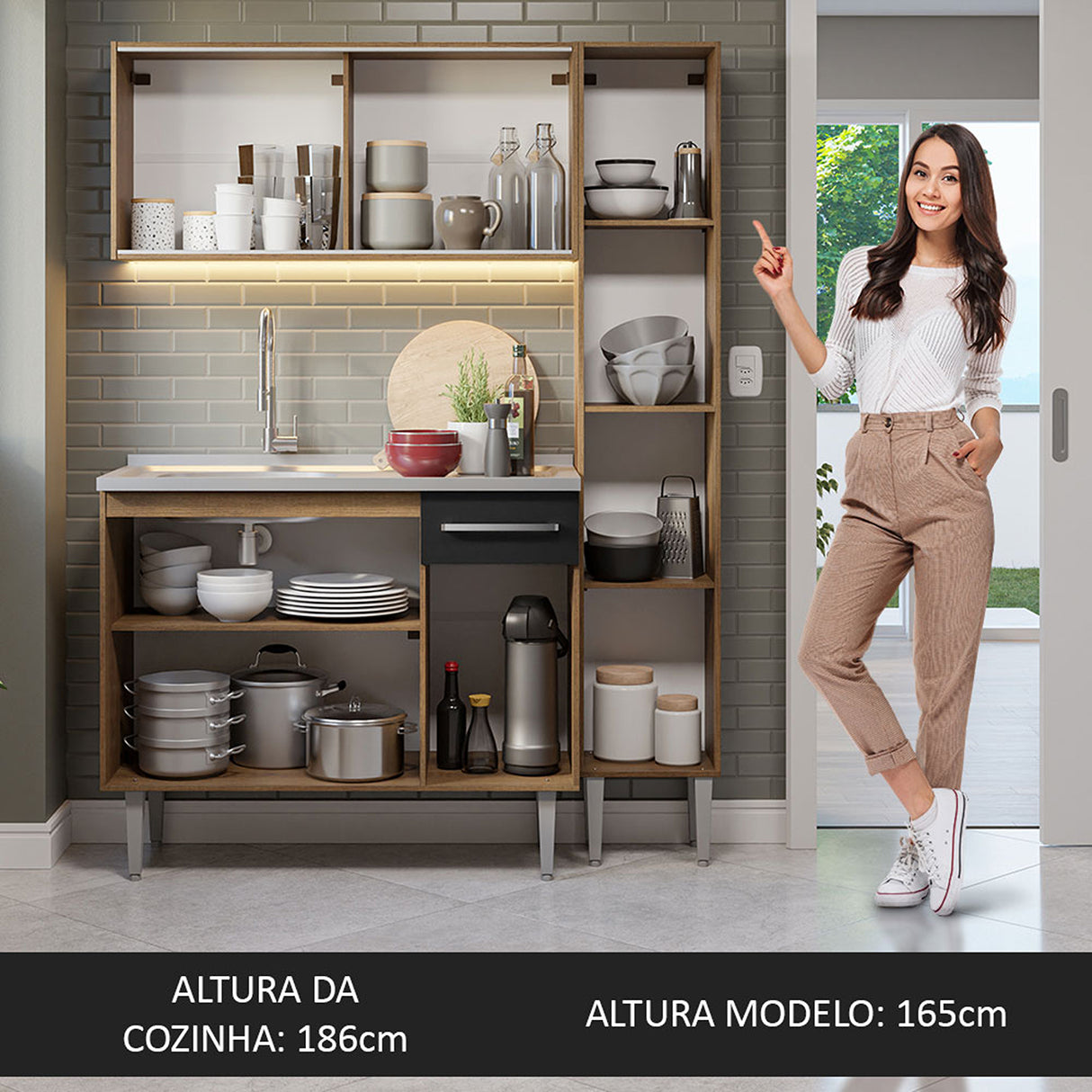 Cocina Integral Emilly Marron y Negro 137x186cm con Mesón y Pozuelo de Acero - COCINAS | Bylmo