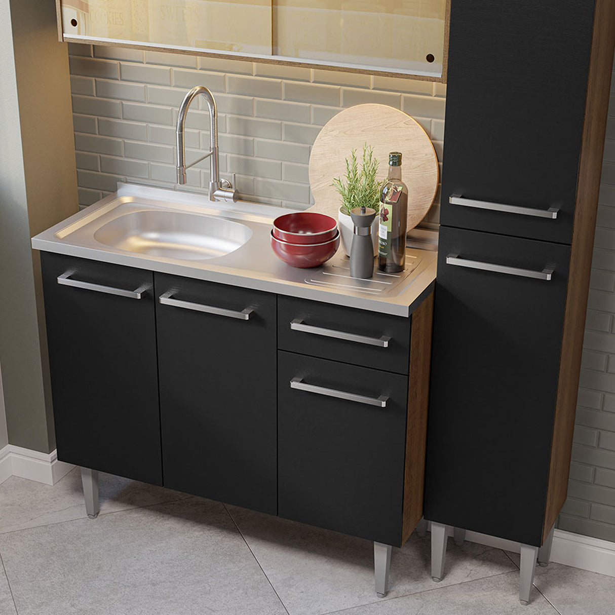 Cocina Integral Emilly Marron y Negro 137x186cm con Mesón y Pozuelo de Acero - COCINAS | Bylmo