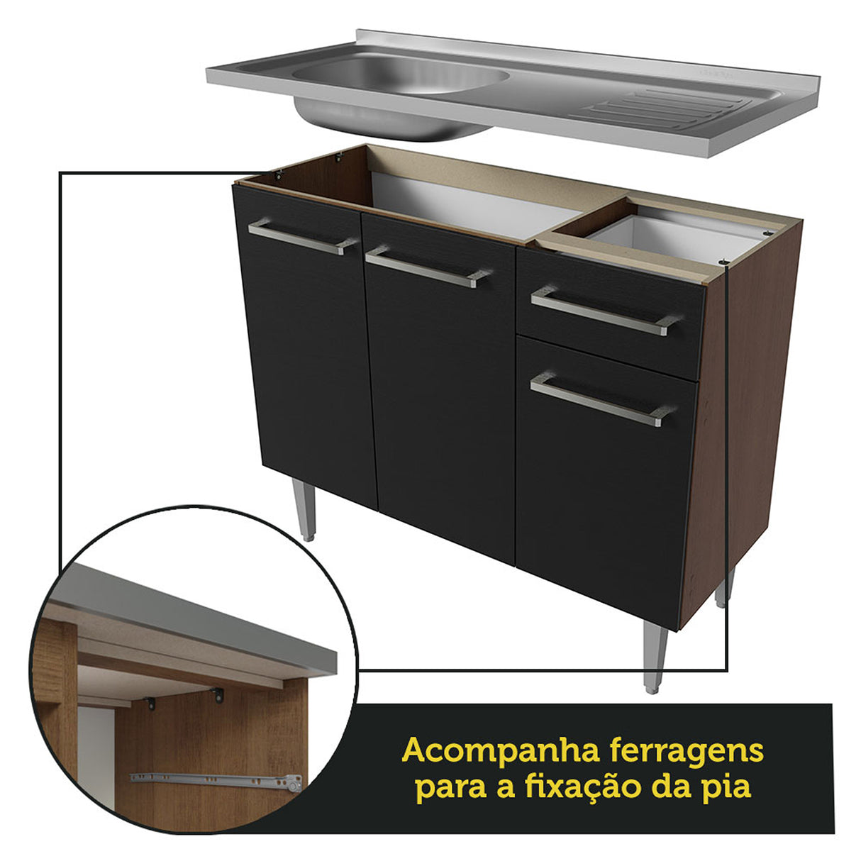 Cocina Integral Emilly Marron y Negro 137x186cm con Mesón y Pozuelo de Acero - COCINAS | Bylmo