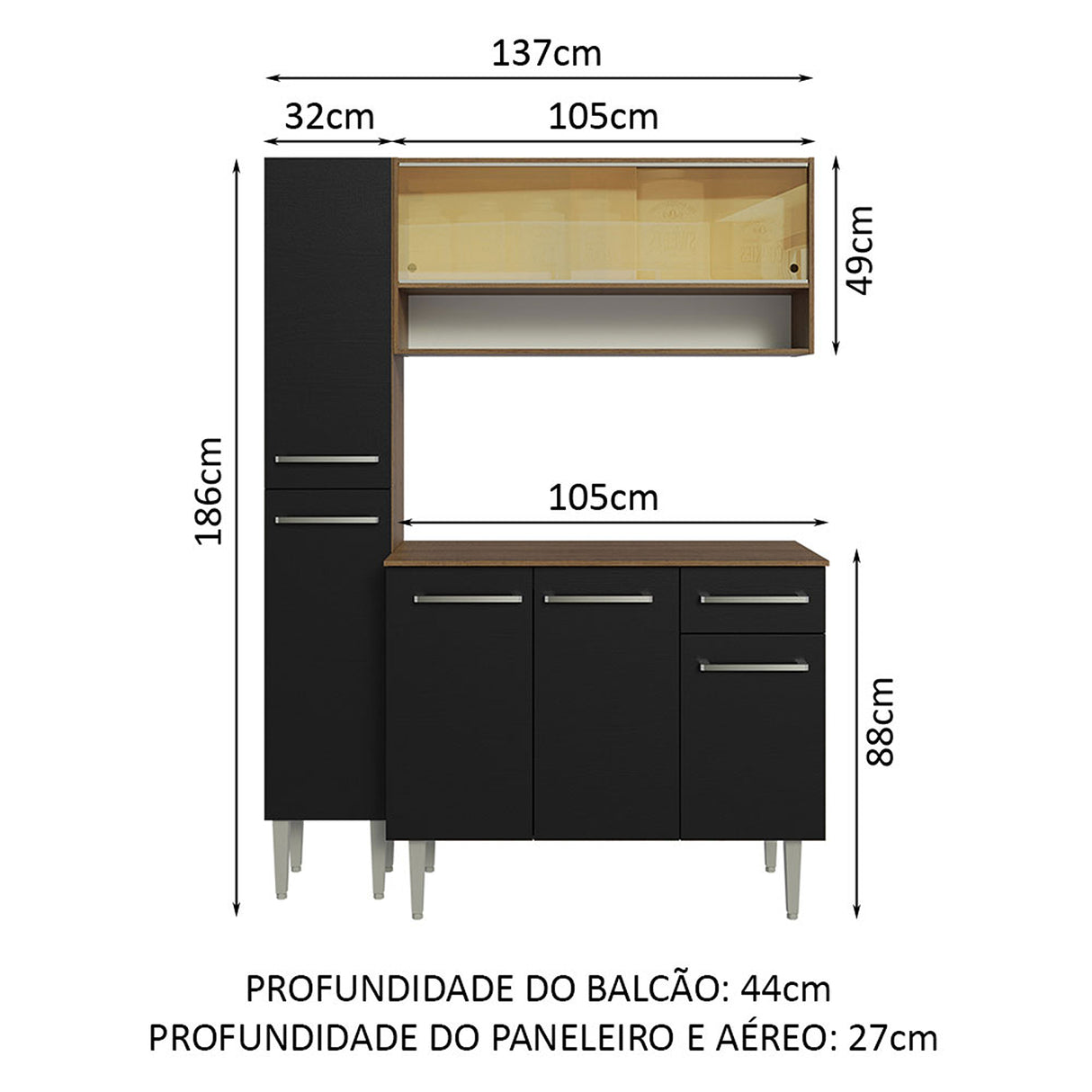 Cocina Integral Emilly Marron y Negro 137x186cm con Mesón de Madera sin Pozuelo y Un Cajón - COCINAS | Bylmo