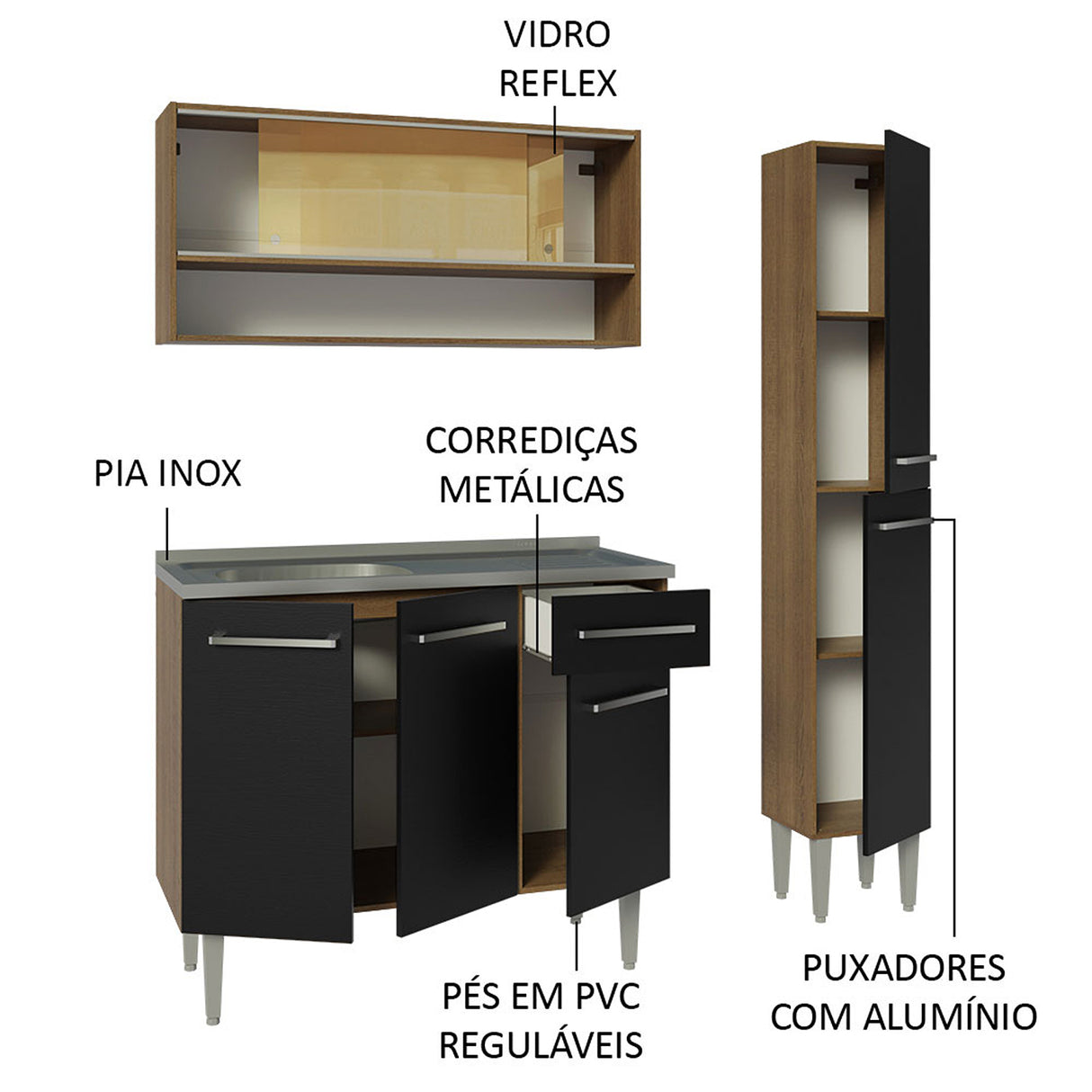 Cocina Integral Emilly Marron y Negro 137x186cm con Mesón y sin Pozuelo - COCINAS | Bylmo