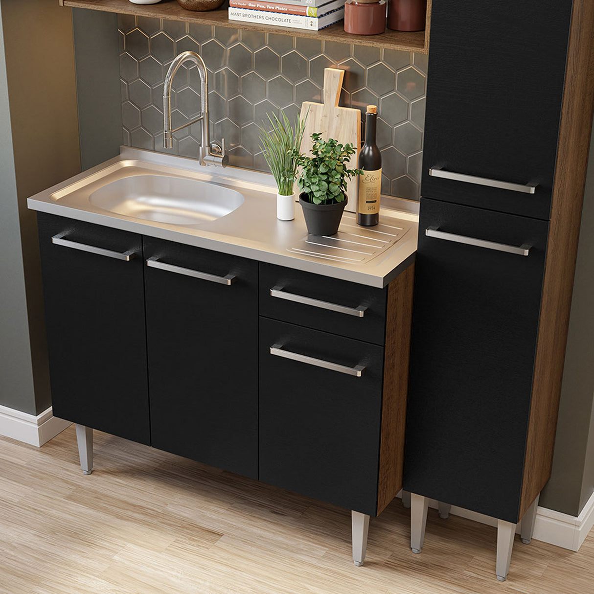 Cocina Integral Emilly Marron y Negro 137x186cm con Mesón y sin Pozuelo - COCINAS | Bylmo