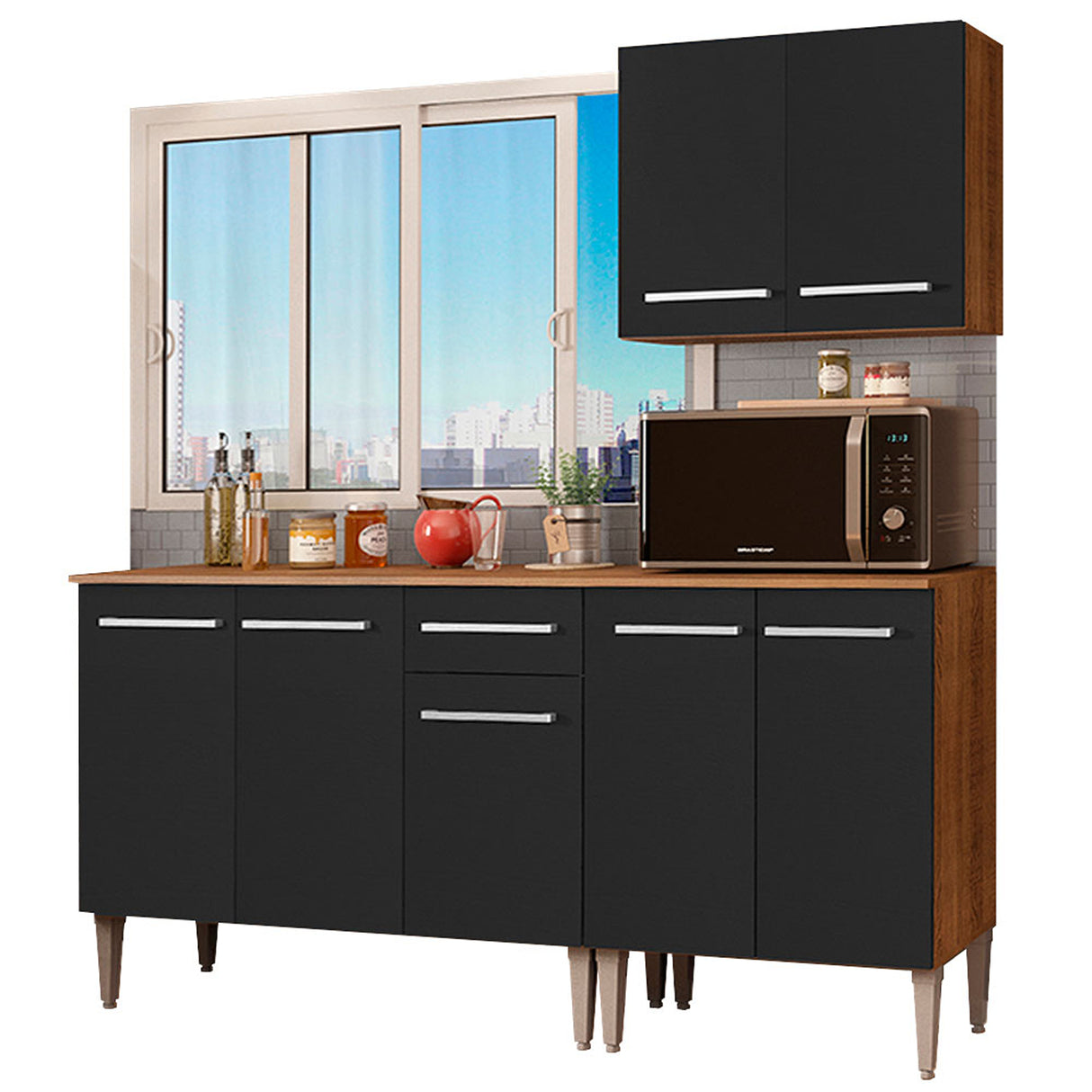 Cocina Integral Emilly Free Marron y Negro 169x186cm con Mesón de Madera - COCINAS | Bylmo