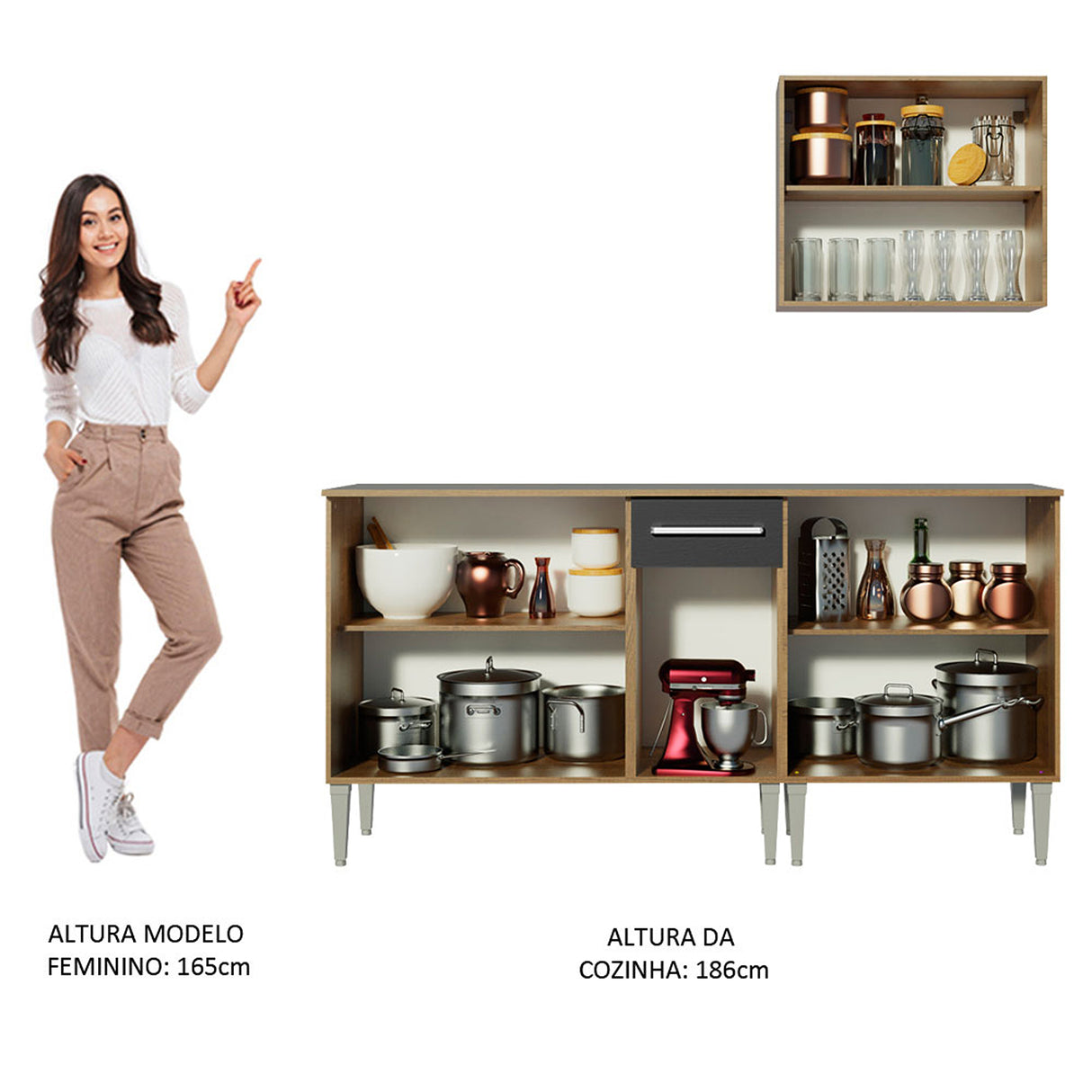 Cocina Integral Emilly Free Marron y Negro 169x186cm con Mesón de Madera - COCINAS | Bylmo