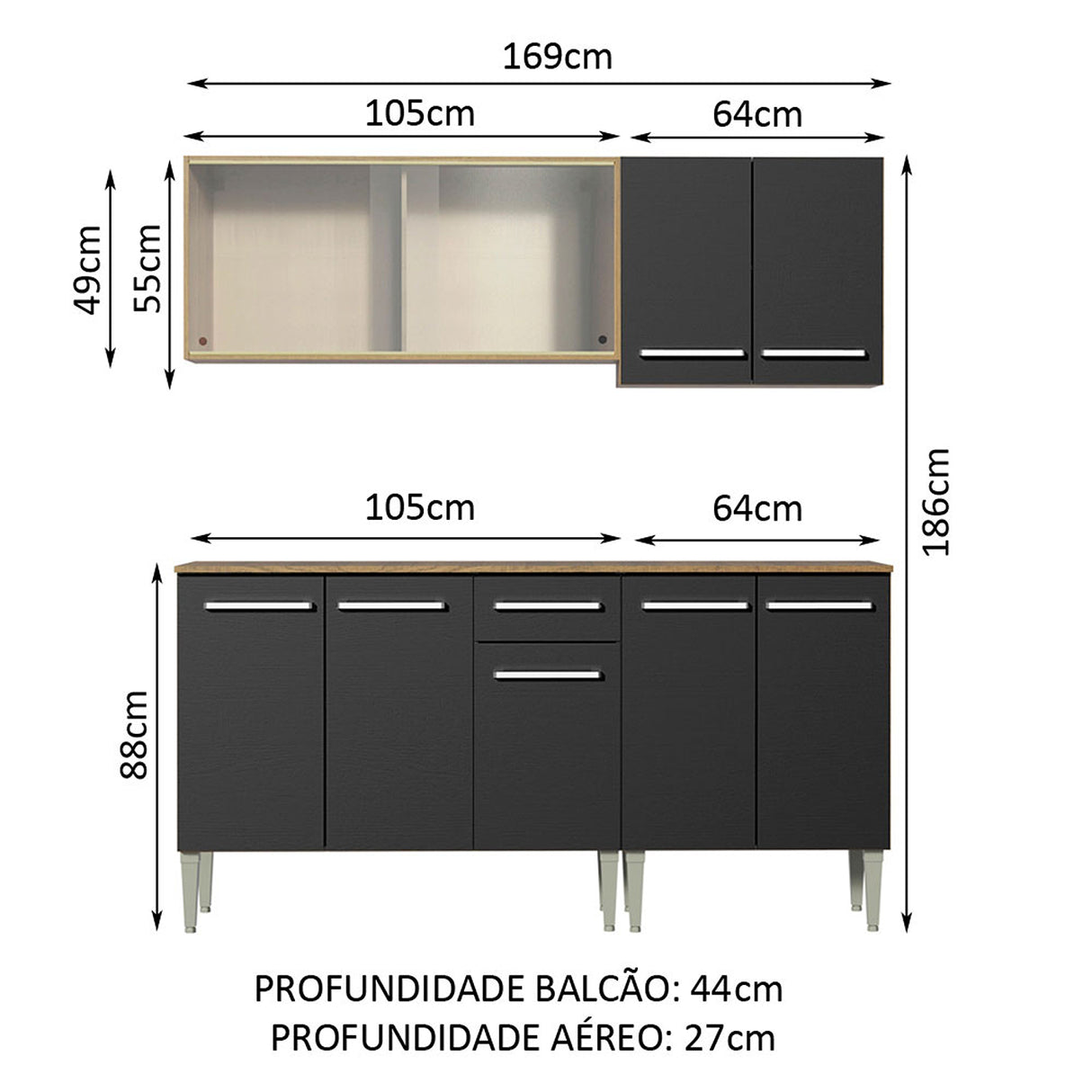 Cocina Integral Emilly Box Marron y Negro 169x186cm con Mesón y sin Pozuelo - COCINAS | Bylmo