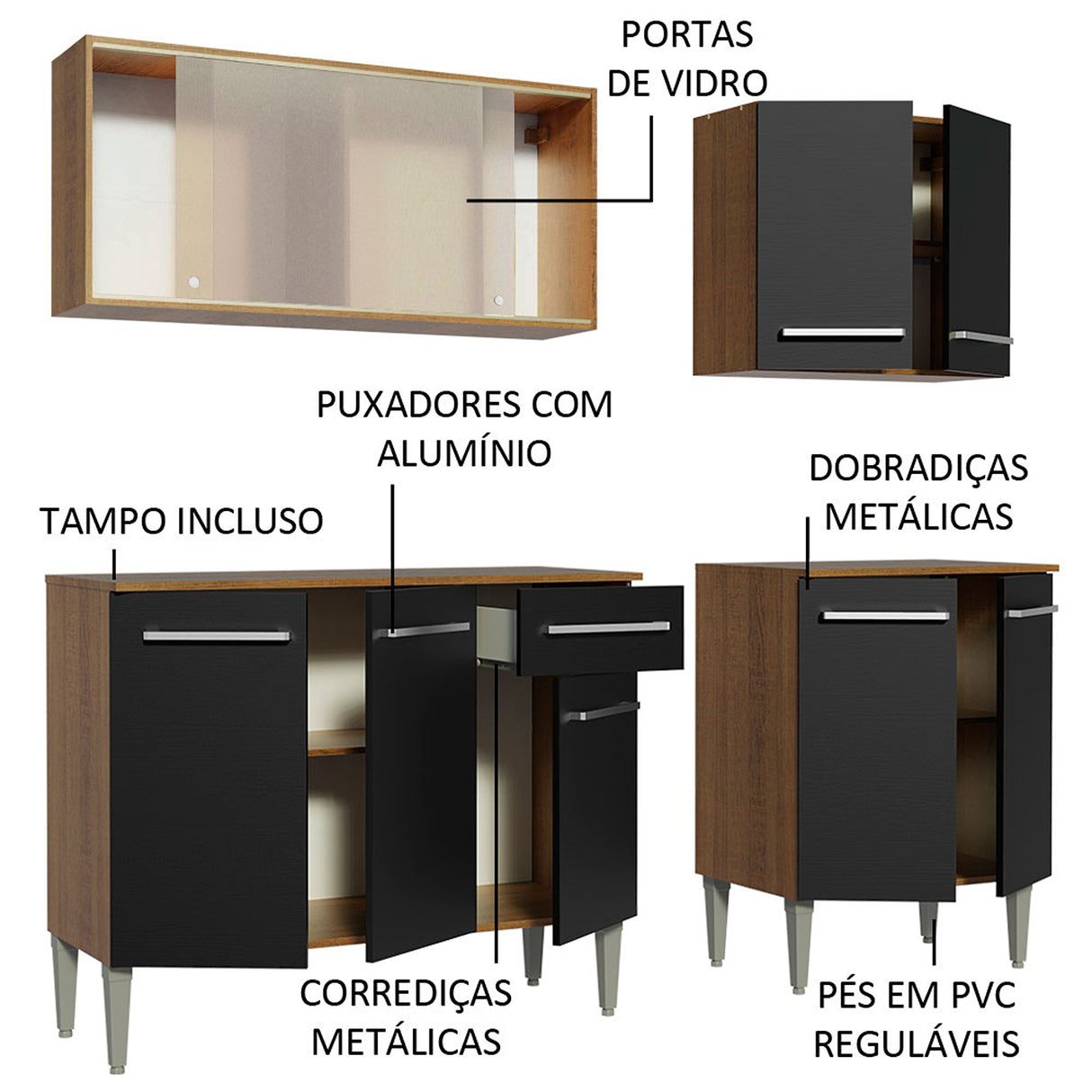 Cocina Integral Emilly Box Marron y Negro 169x186cm con Mesón y sin Pozuelo - COCINAS | Bylmo