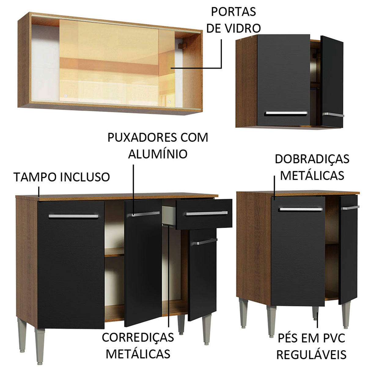 Cocina Integral Emilly Drive Marron y Negro 169x186cm con Mesón y sin Pozuelo - COCINAS | Bylmo