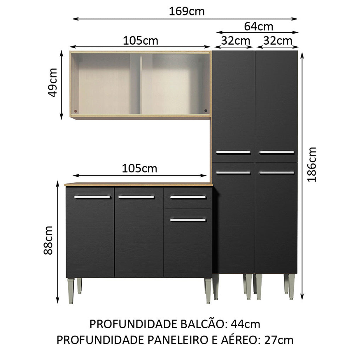Cocina Integral Emilly Fly Marron y Negro 169x186cm con Mesón y sin Pozuelo - COCINAS | Bylmo