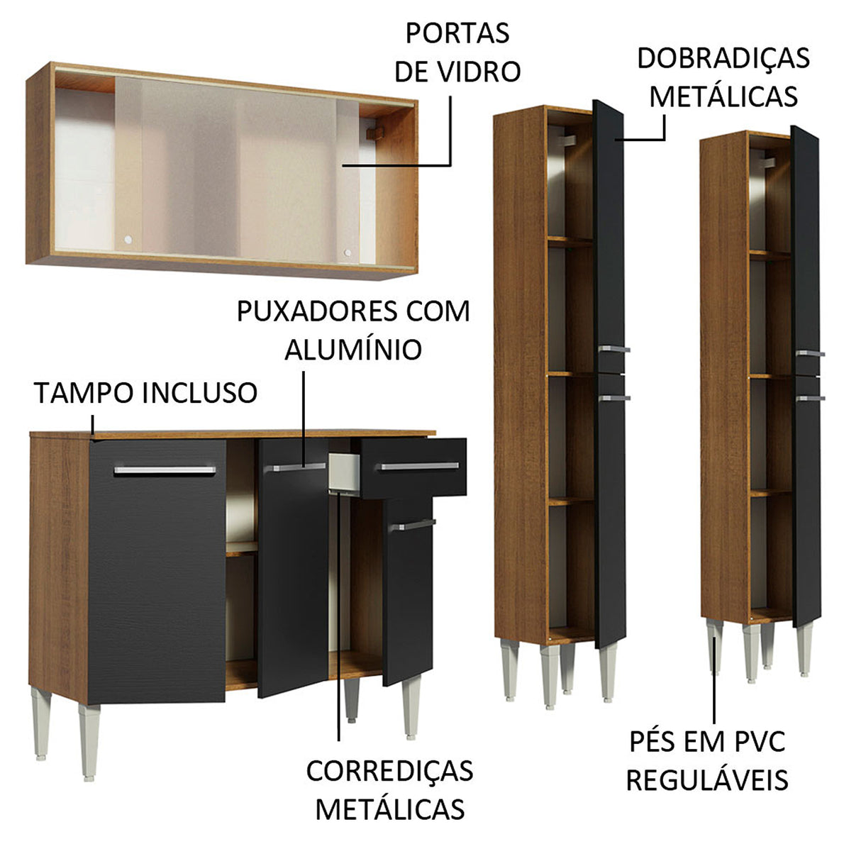 Cocina Integral Emilly Fly Marron y Negro 169x186cm con Mesón y sin Pozuelo - COCINAS | Bylmo