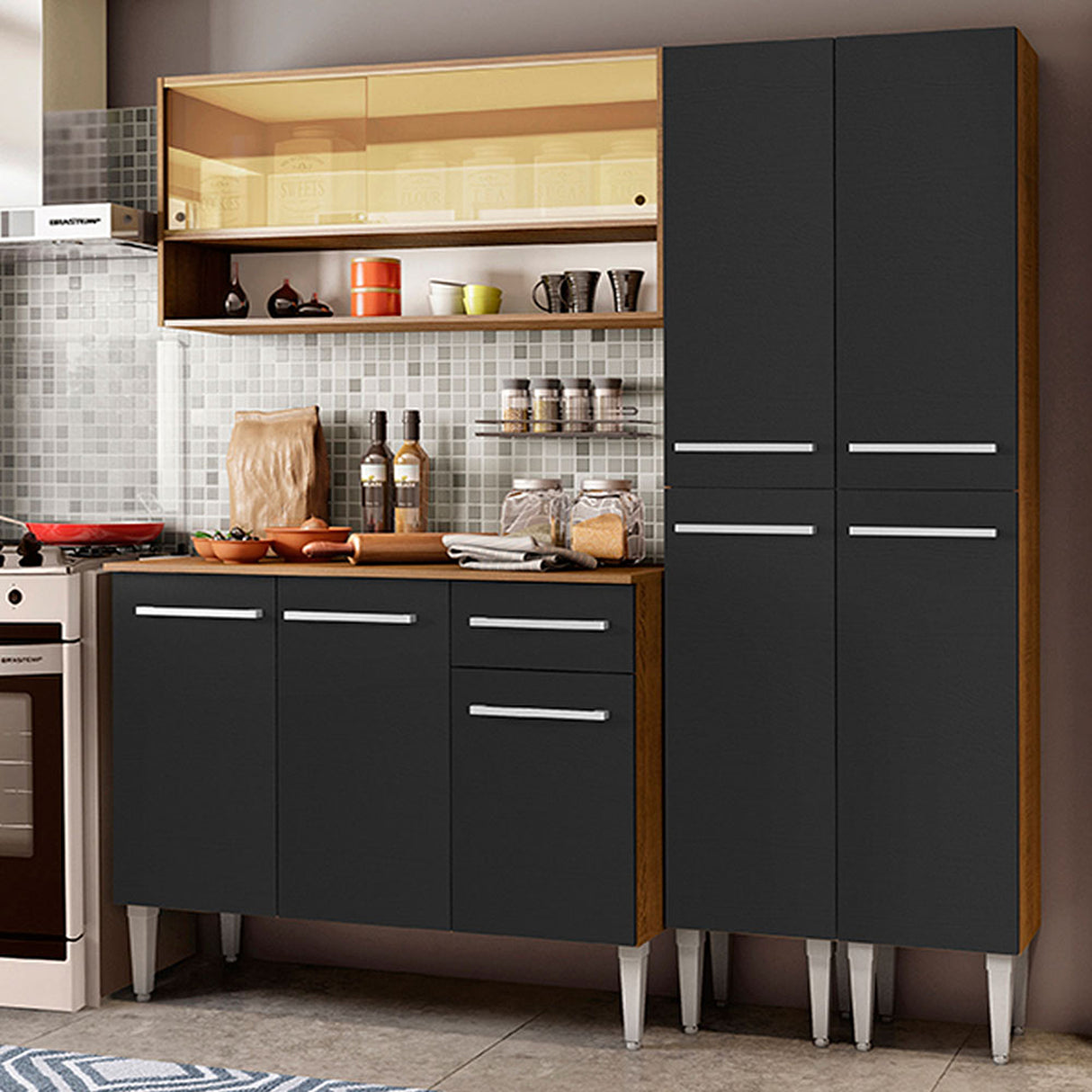 Cocina Integral Emilly Winter Marron y Negro 169x186cm con Mesón y sin Pozuelo - COCINAS | Bylmo