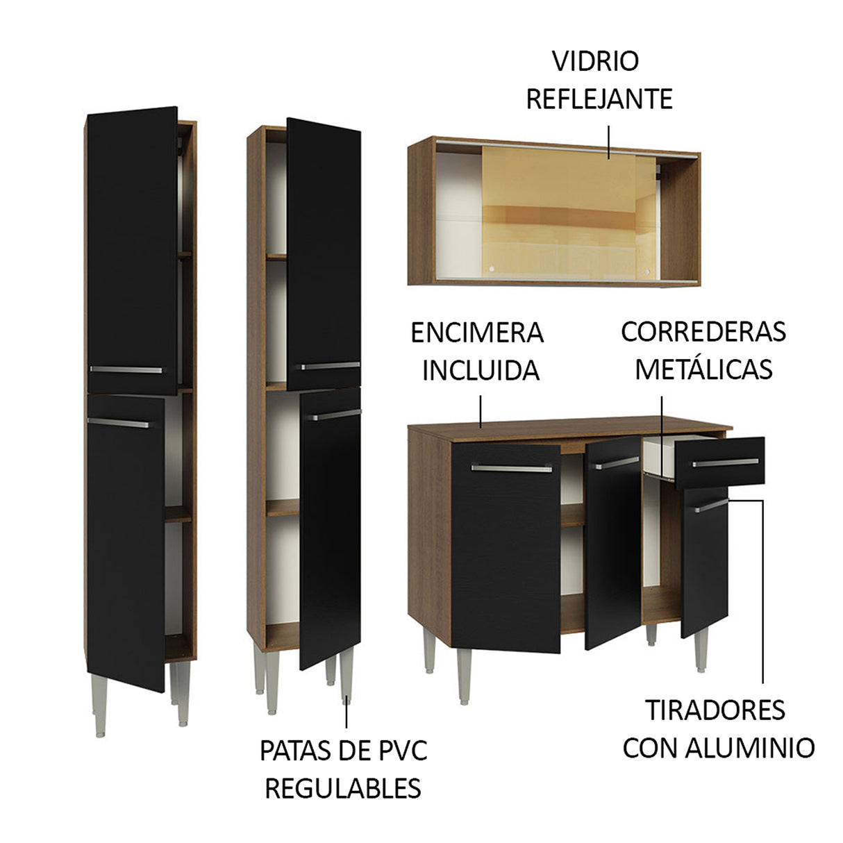 Cocina Integral Emilly 169x186x44 Marron y Negro Moderna Espaciosa y Duradera. - COCINAS | Bylmo