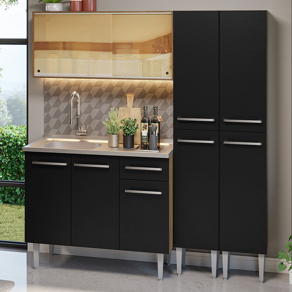 Cocina Integral Emilly 169x186 Marrón y Negro MDP Resistente al agua y al calor Incluye meson de acero inoxidable y pozuelo Moderno - COCINAS | Bylmo