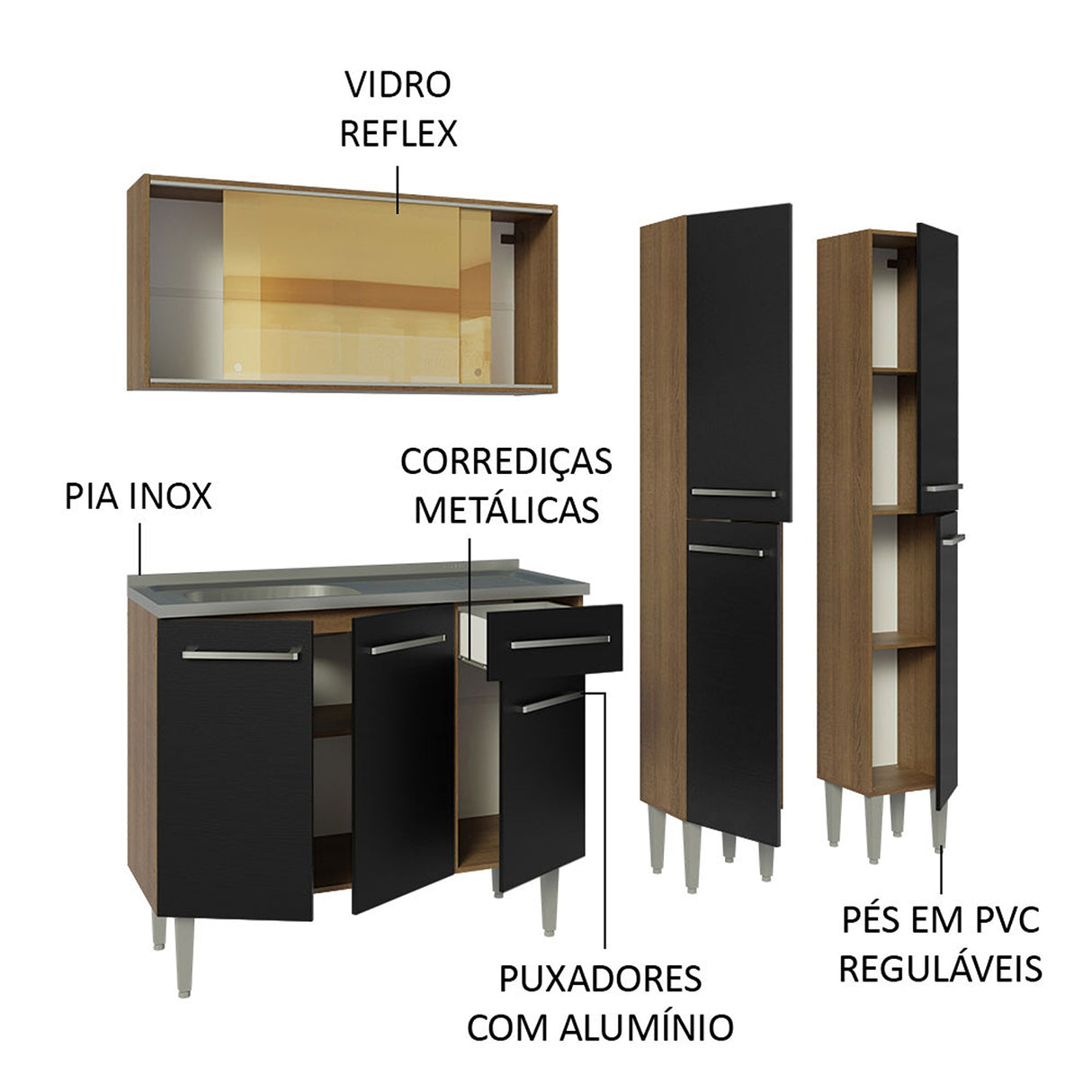 Cocina Integral Emilly 169x186 Marrón y Negro MDP Resistente al agua y al calor Incluye meson de acero inoxidable y pozuelo Moderno - COCINAS | Bylmo