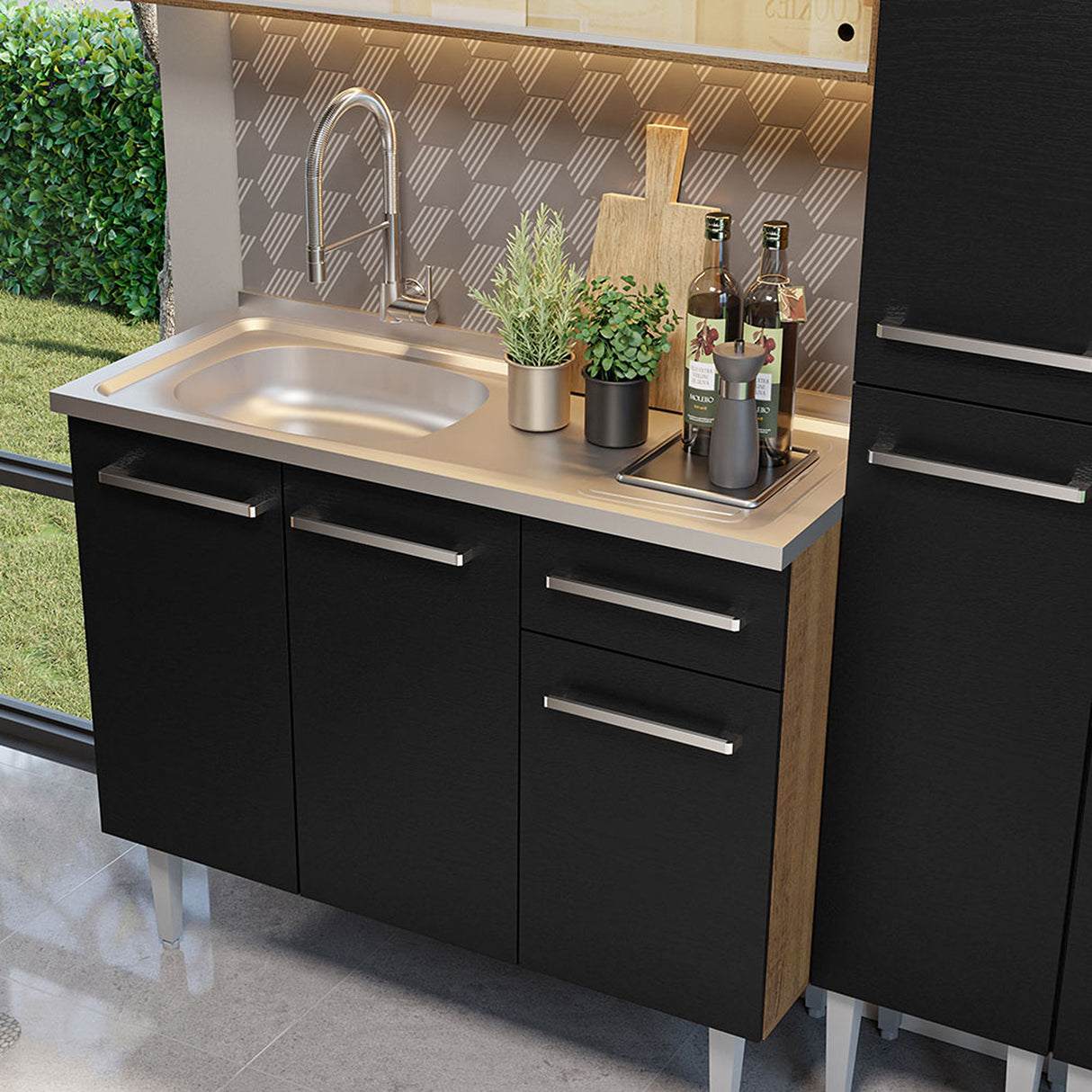 Cocina Integral Emilly 169x186 Marrón y Negro MDP Resistente al agua y al calor Incluye meson de acero inoxidable y pozuelo Moderno - COCINAS | Bylmo