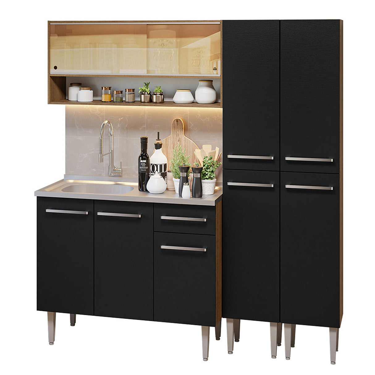 Cocina Integral Emilly 169x186 Marrón y Negro Moderna y Duradera - COCINAS | Bylmo