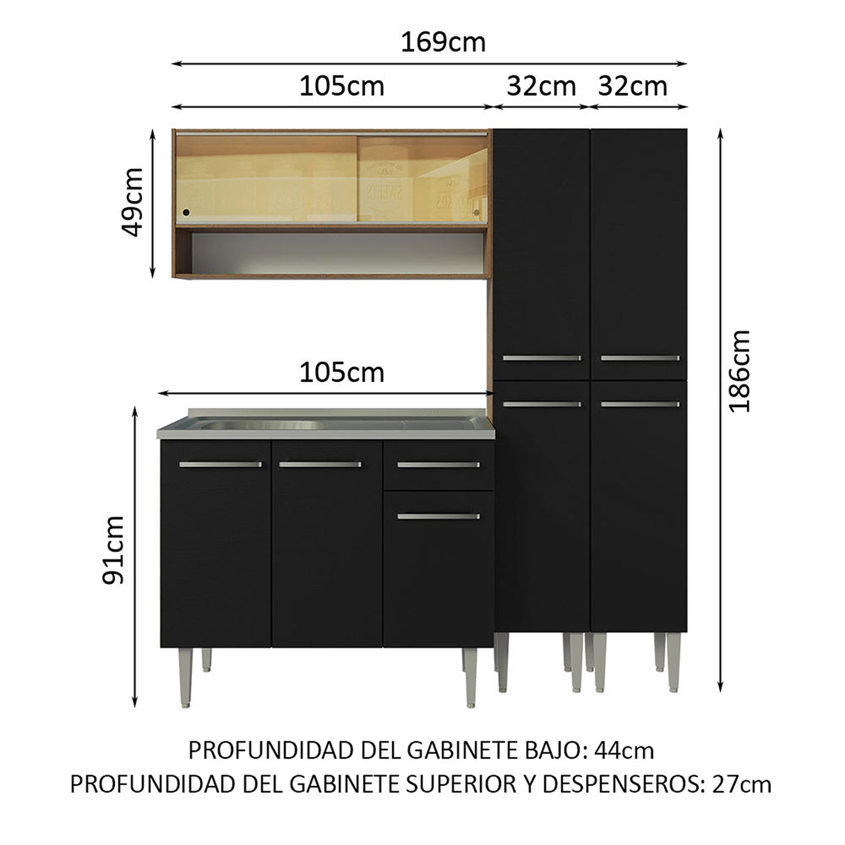 Cocina Integral Emilly 169x186 Marrón y Negro Moderna y Duradera - COCINAS | Bylmo