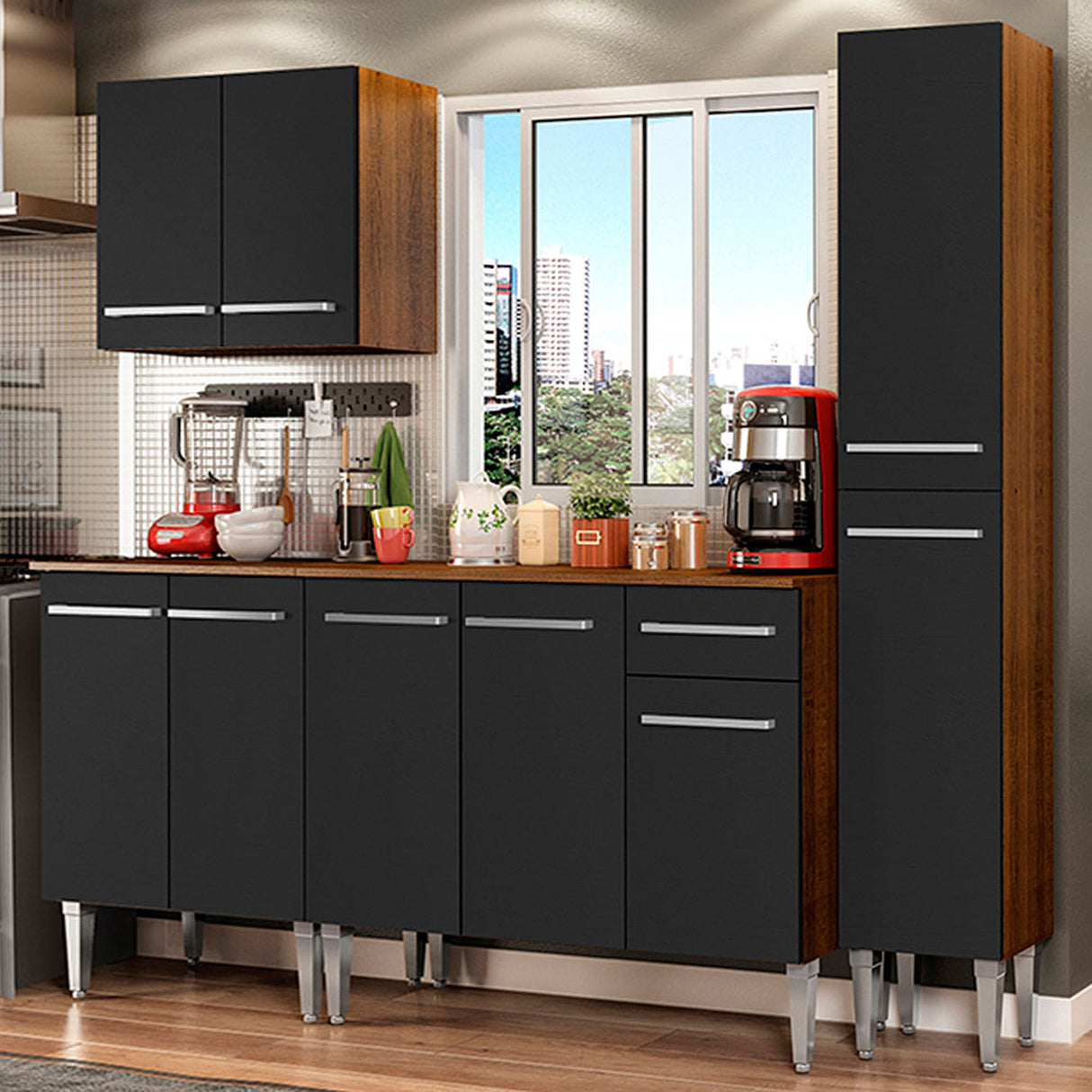 Cocina Integral Emilly Sing Marron y Negro 201x186cm con Mesón y sin Pozuelo - COCINAS | Bylmo