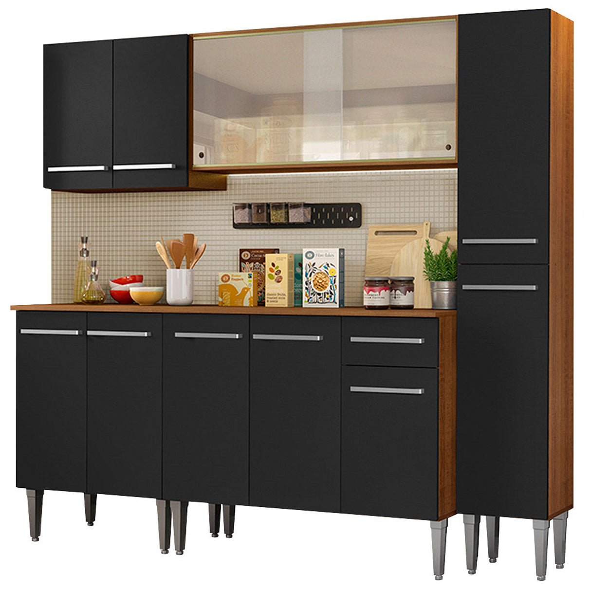 Cocina Integral Emilly Fast Marron y Negro 201x186cm con Mesón y sin Pozuelo - COCINAS | Bylmo