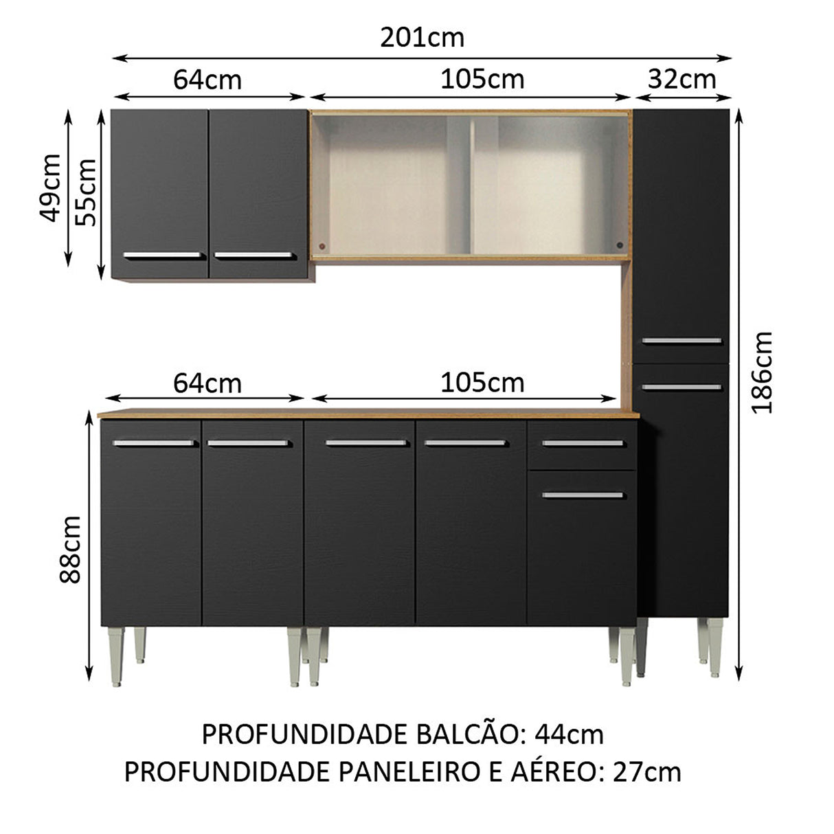 Cocina Integral Emilly Fast Marron y Negro 201x186cm con Mesón y sin Pozuelo - COCINAS | Bylmo
