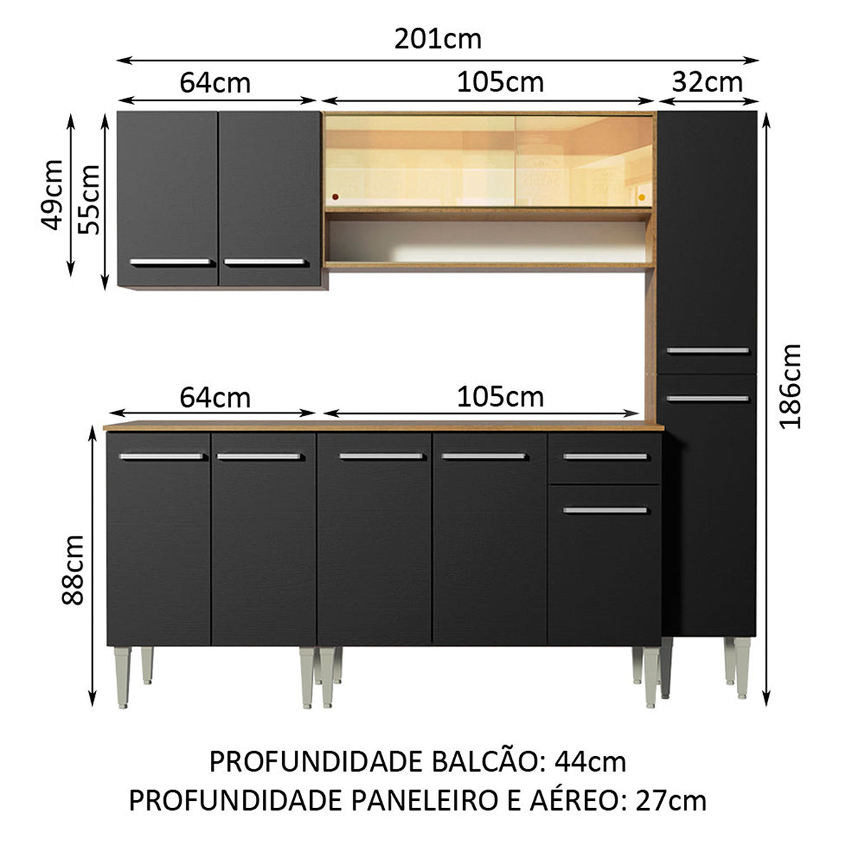 Cocina Integral Emilly Sky Marron y Negro 201x186cm con Mesón y sin Pozuelo - COCINAS | Bylmo