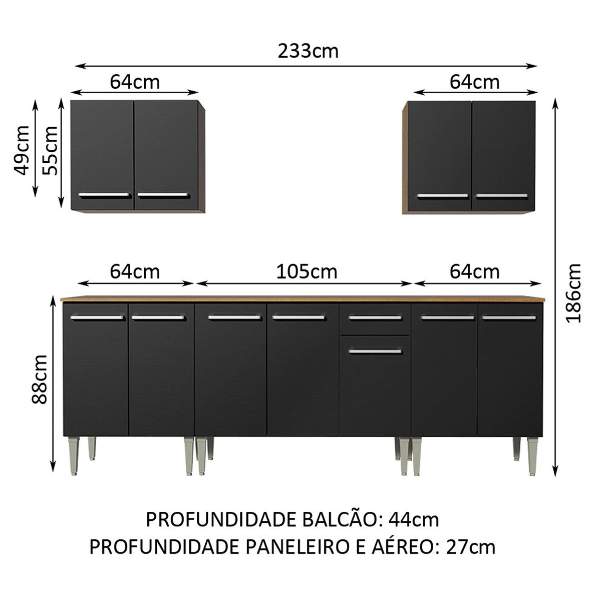 Cocina Integral Emilly King Marron y Negro 233x186cm con Mesón y sin Pozuelo - COCINAS | Bylmo