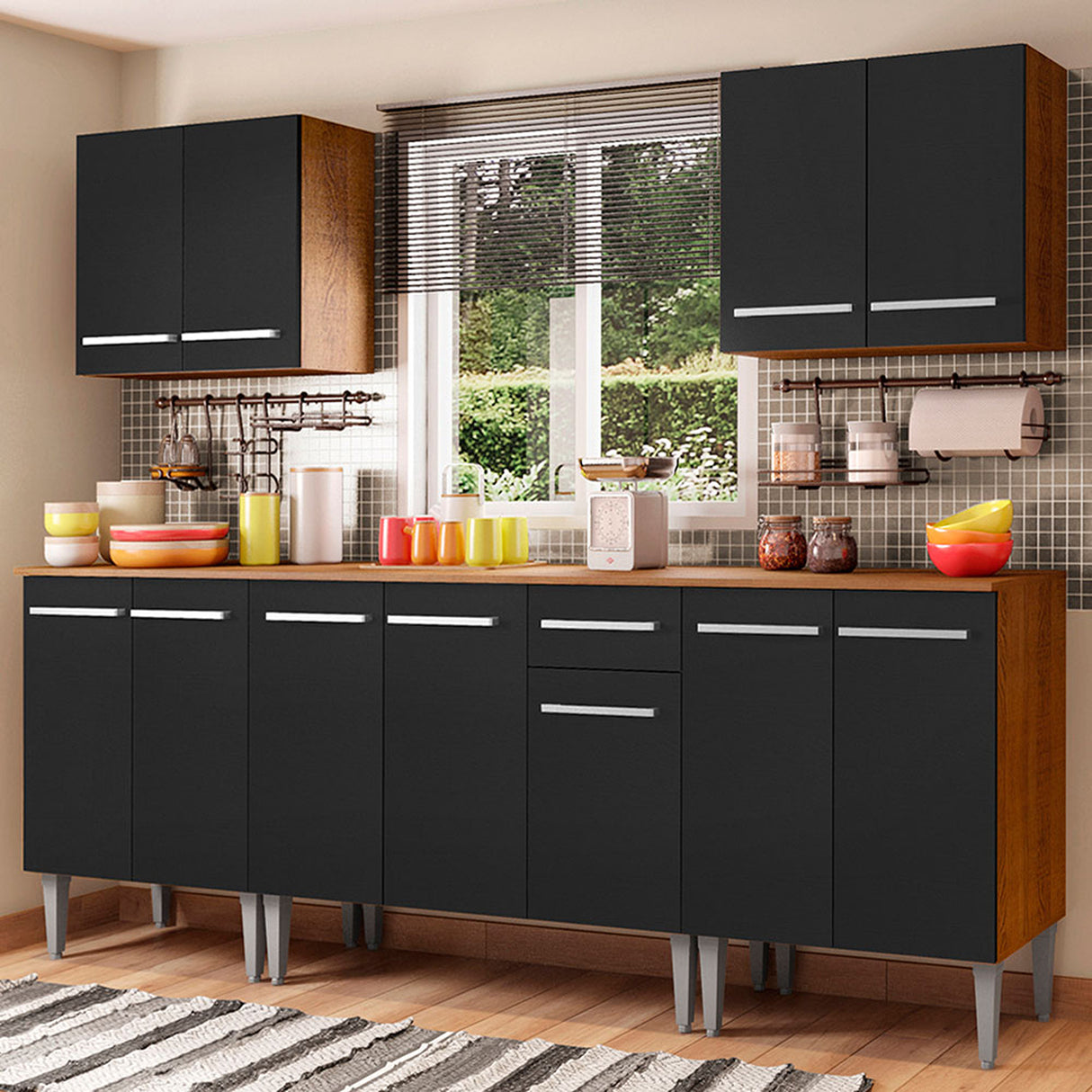 Cocina Integral Emilly King Marron y Negro 233x186cm con Mesón y sin Pozuelo - COCINAS | Bylmo