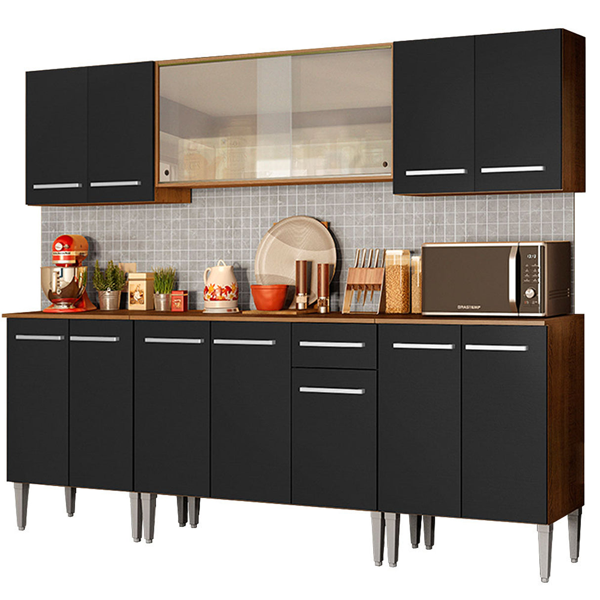 Cocina Integral Emilly Wind Marron y Negro 233x186cm con Mesón y sin Pozuelo - COCINAS | Bylmo