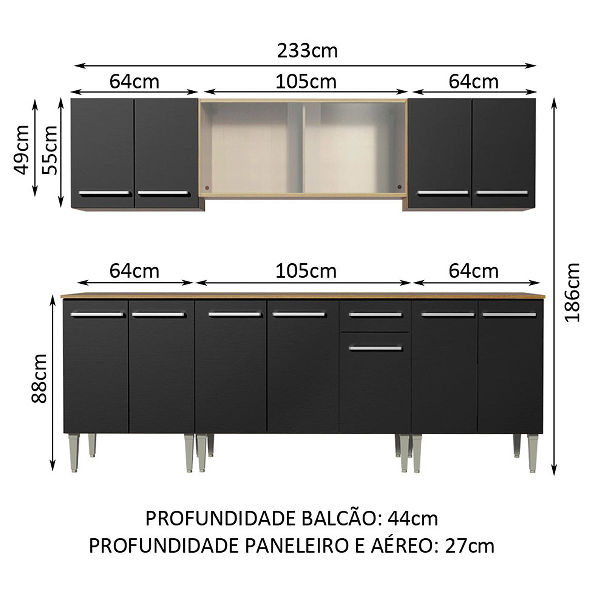Cocina Integral Emilly Wind Marron y Negro 233x186cm con Mesón y sin Pozuelo - COCINAS | Bylmo