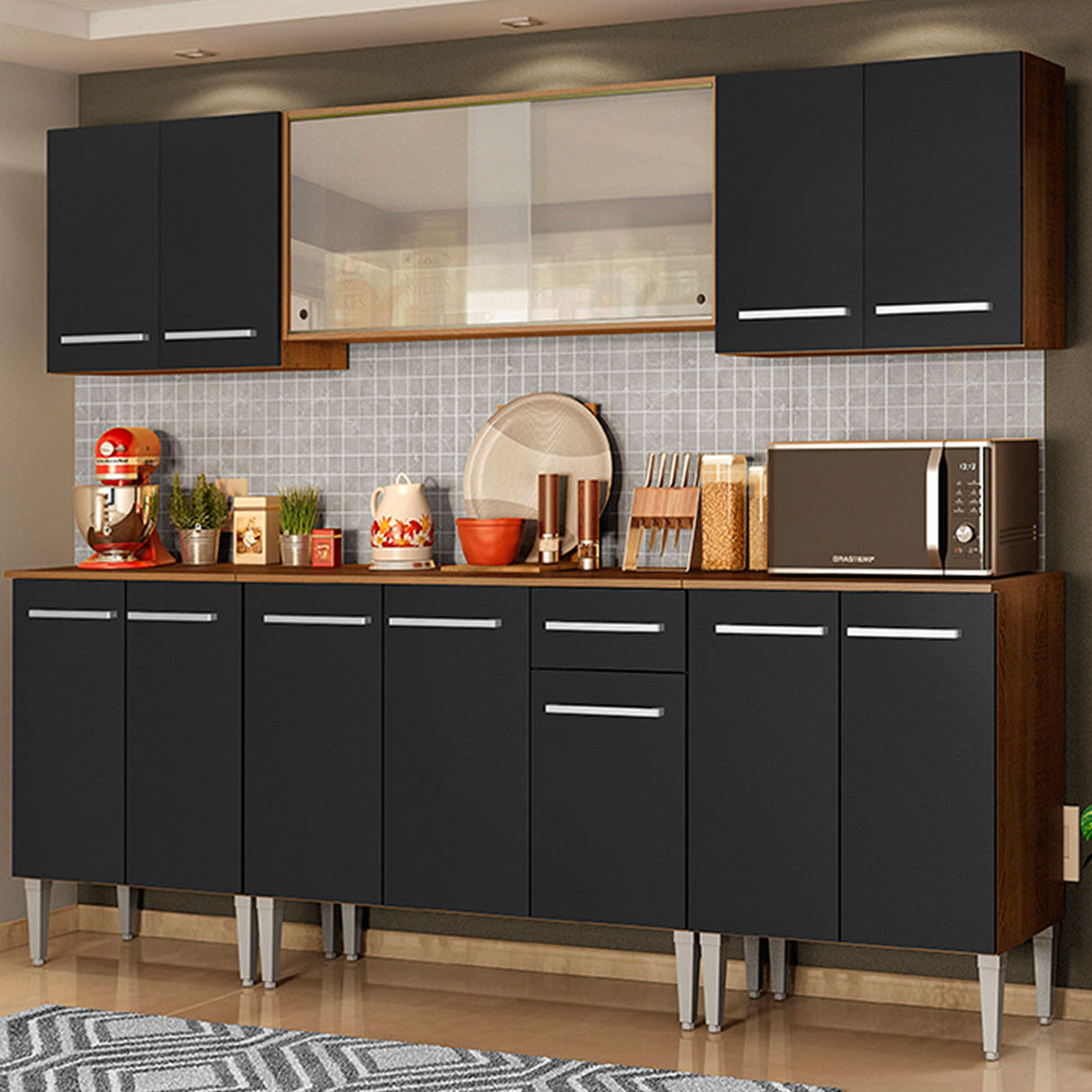 Cocina Integral Emilly Wind Marron y Negro 233x186cm con Mesón y sin Pozuelo - COCINAS | Bylmo