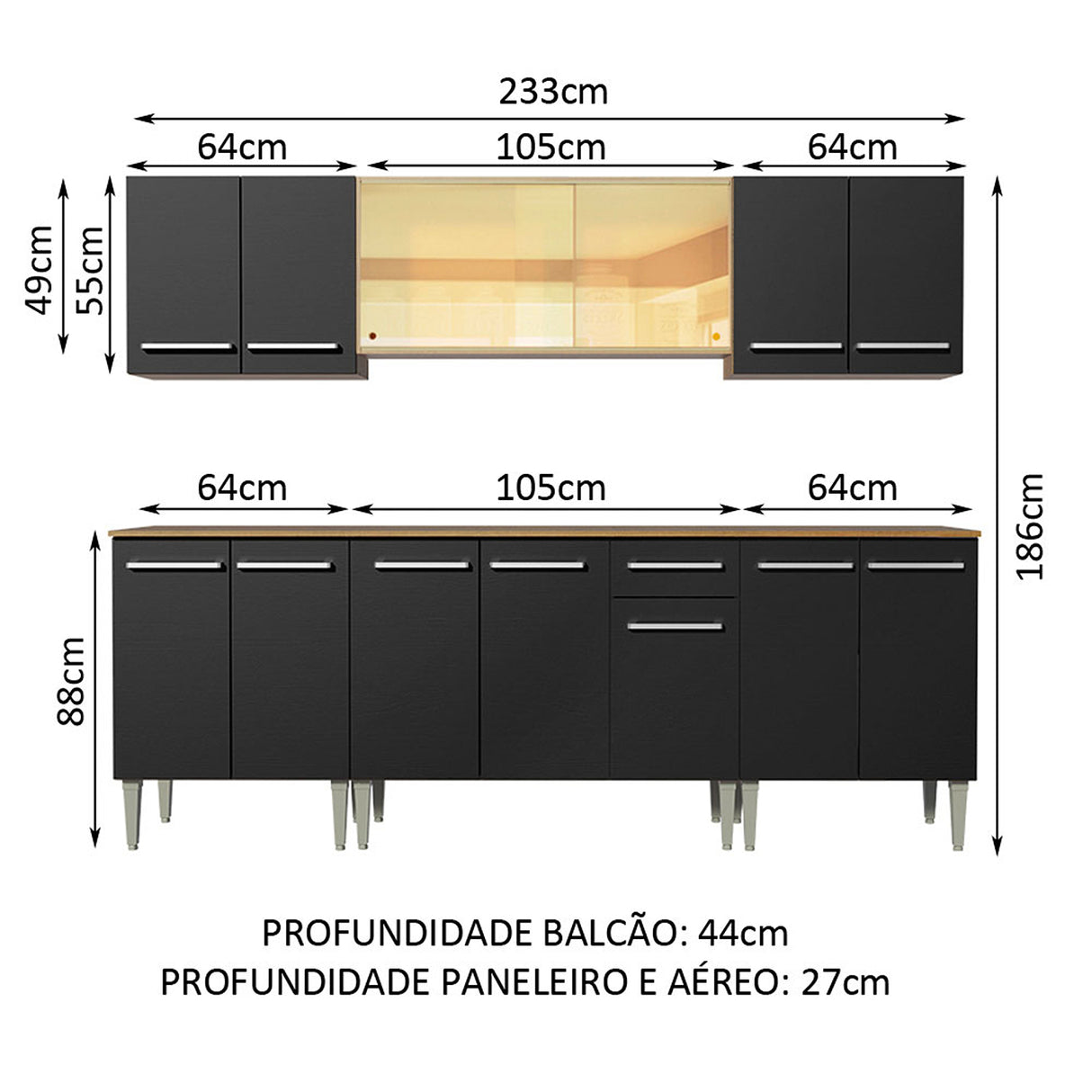 Cocina Integral Emilly Fire Marron y Negro 233x186cm con Mesón y sin Pozuelo - COCINAS | Bylmo