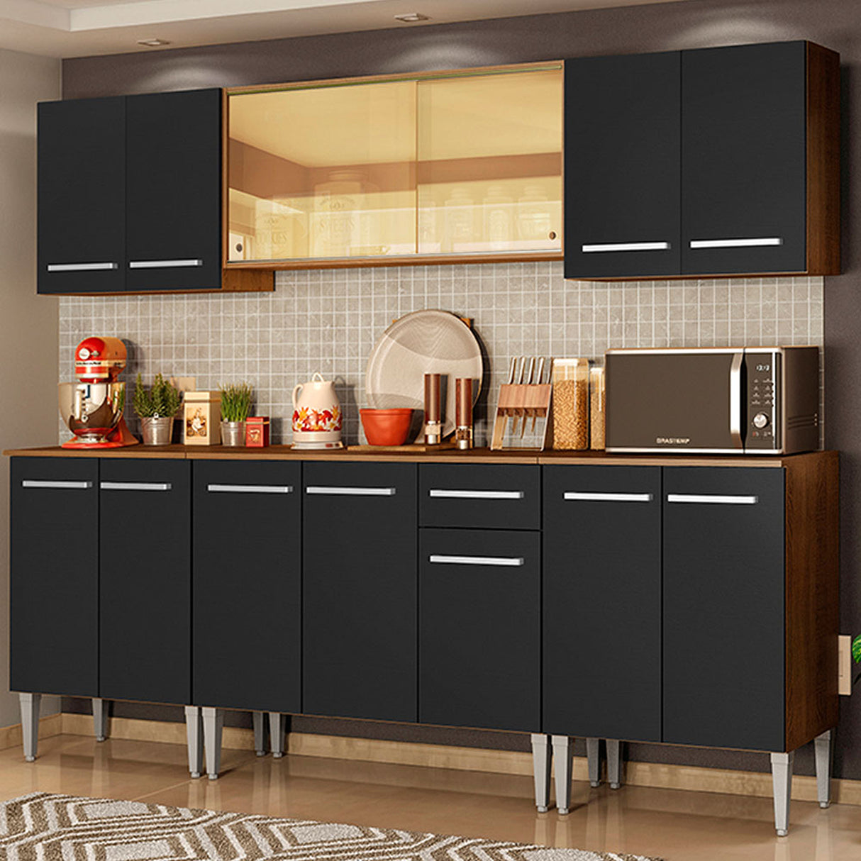 Cocina Integral Emilly Fire Marron y Negro 233x186cm con Mesón y sin Pozuelo - COCINAS | Bylmo