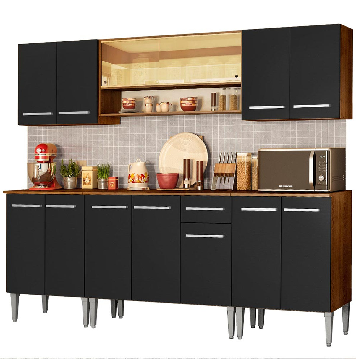 Cocina Integral Emilly Smile Marron y Negro 233x186cm con Mesón y sin Pozuelo - COCINAS | Bylmo