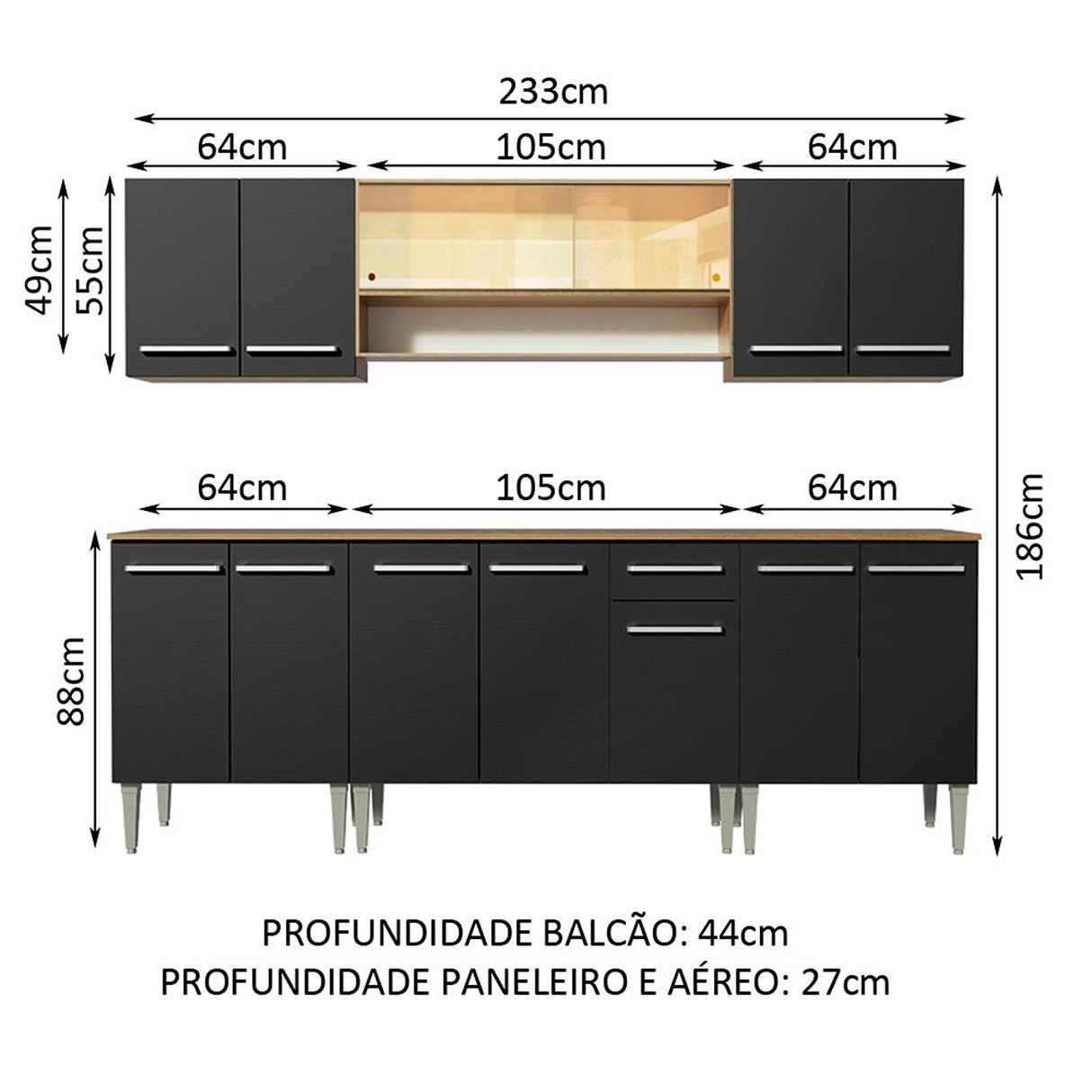 Cocina Integral Emilly Smile Marron y Negro 233x186cm con Mesón y sin Pozuelo - COCINAS | Bylmo