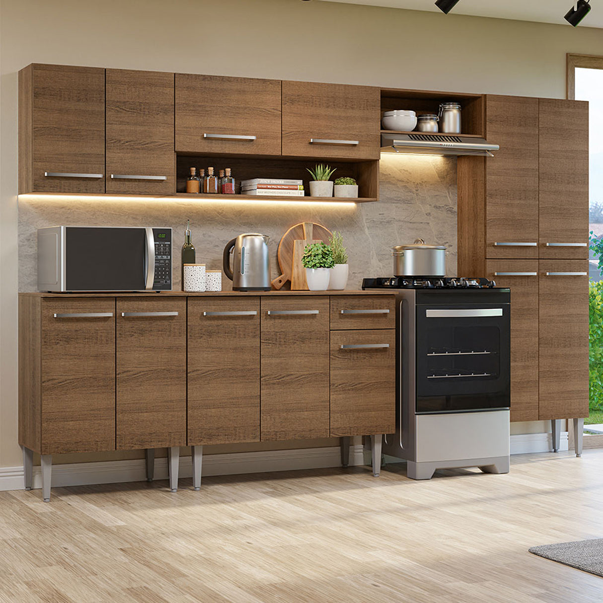 Cocina Integral Emilly Marron 293x186cm con Mesón y sin Pozuelo - COCINAS | Bylmo