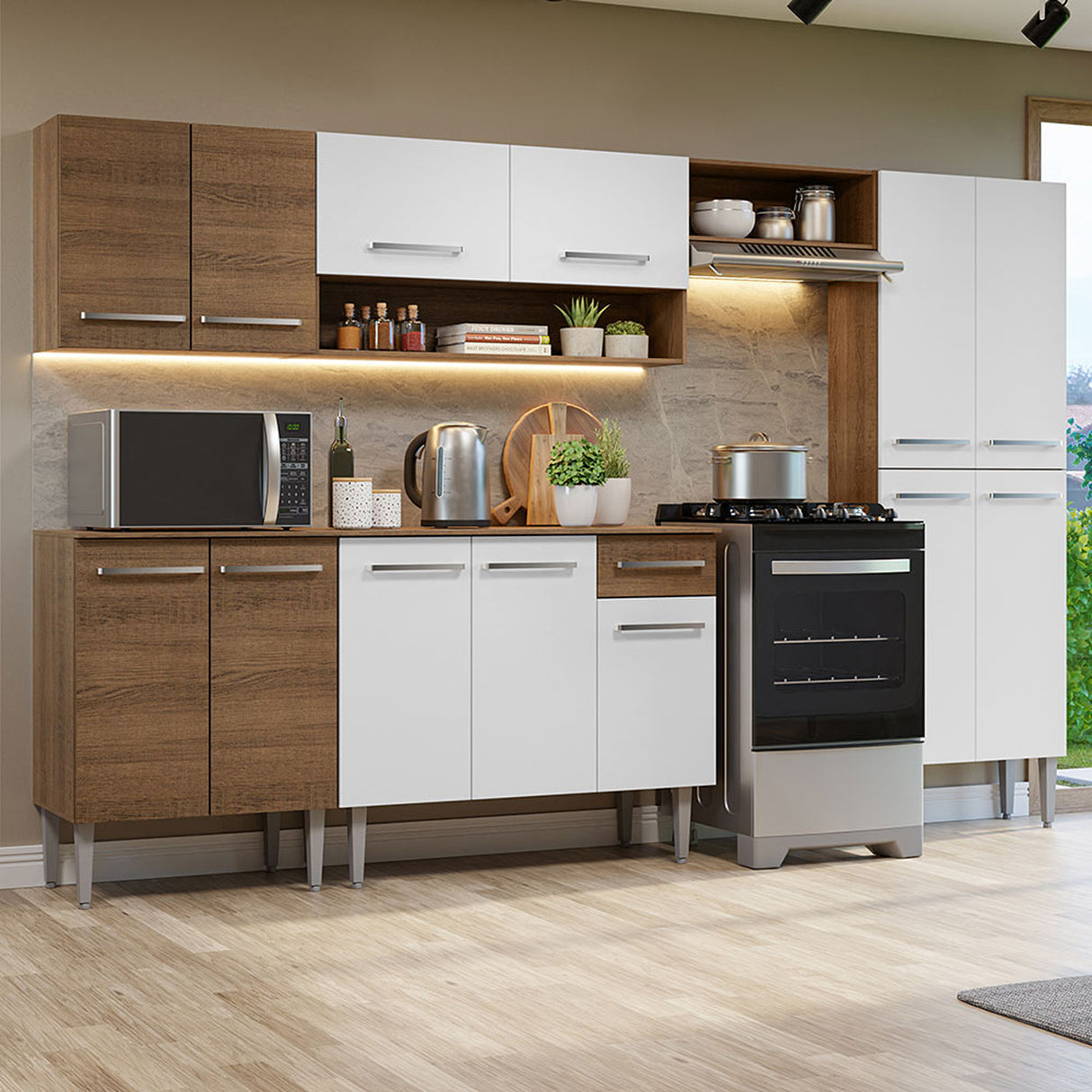 Cocina Integral Emilly Marron y Blanco 293x186cm con Mesón y sin Pozuelo - COCINAS | Bylmo