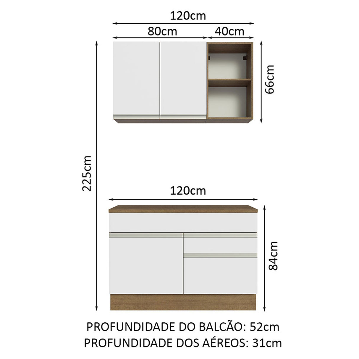 Cocina Integral Glamy Marron y Blanco 120x225cm con Mesón y sin Pozuelo - COCINAS | Bylmo