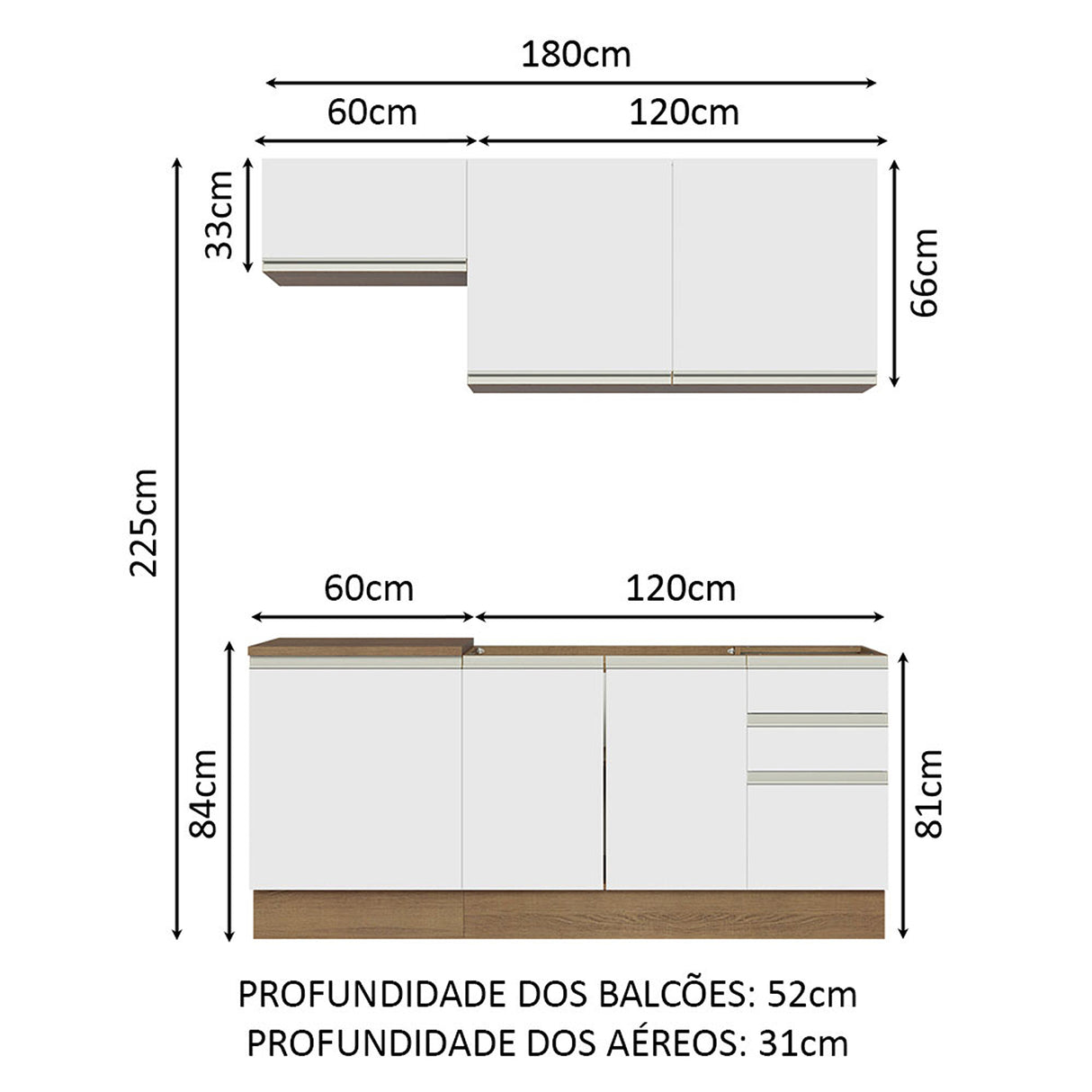 Cocina Integral Glamy 180x52 Marrón y Blanco Funcional Moderna Modular - COCINAS | Bylmo