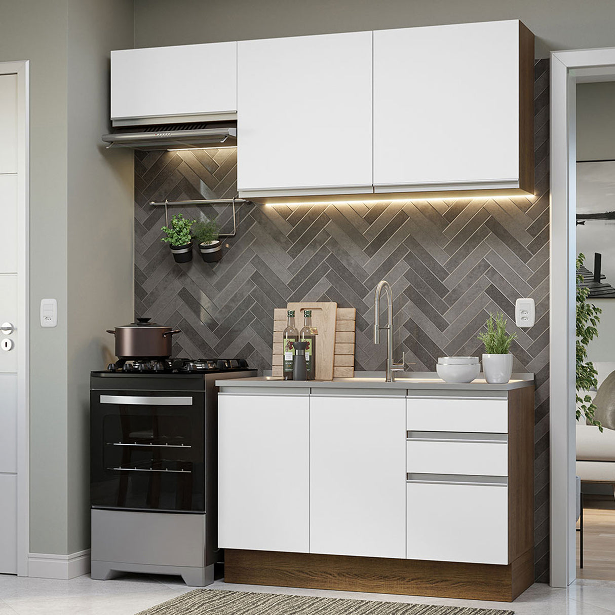 Cocina Integral Glamy Compacta 180x225 cm Marrón y Blanco Resistente y Moderna. - COCINAS | Bylmo