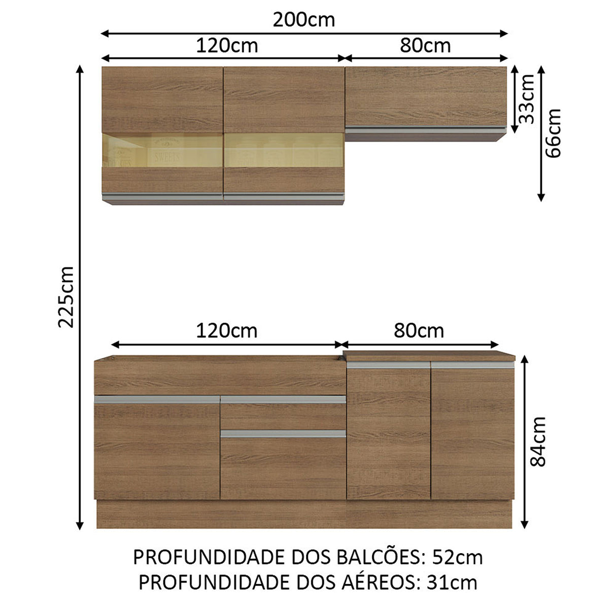 Cocina Integral Glamy Marron 200x225cm con Mesón y sin Pozuelo - COCINAS | Bylmo