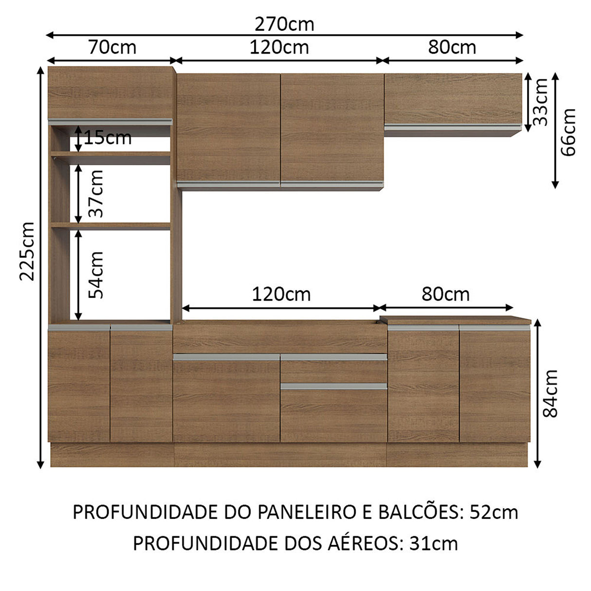 Cocina Integral Glamy 270x225 cm Marrón Moderna MDP Pies regulables de PVC Zócalo extraíble - COCINAS | Bylmo