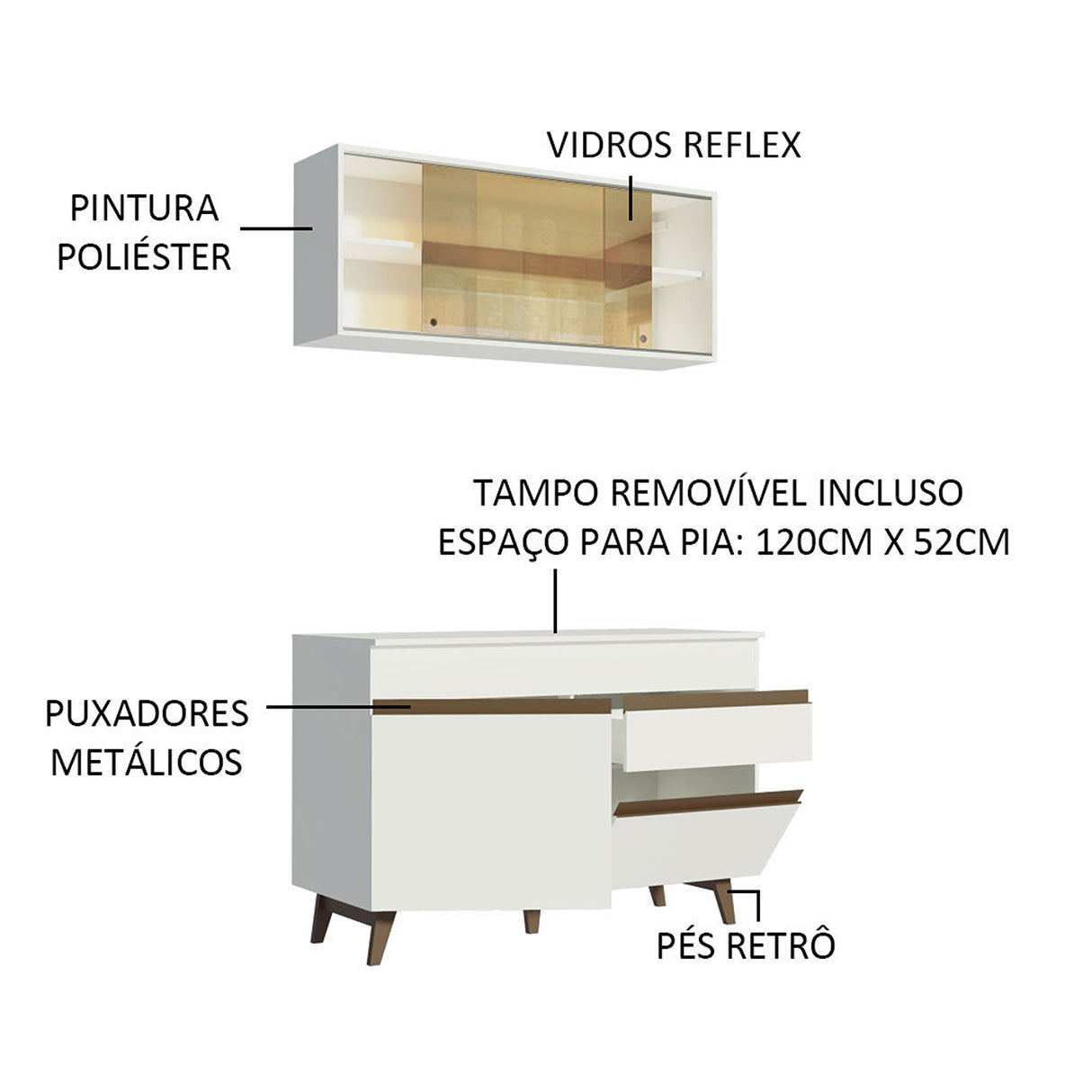 Cocina Integral Reims Blanco 120x210cm con Mesón y sin Pozuelo - COCINAS | Bylmo