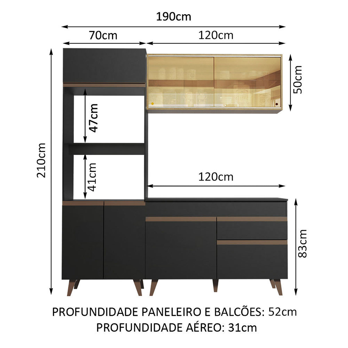 Cocina Integral Reims Negro y Marron 190x210cm con Mesón y sin Pozuelo - COCINAS | Bylmo