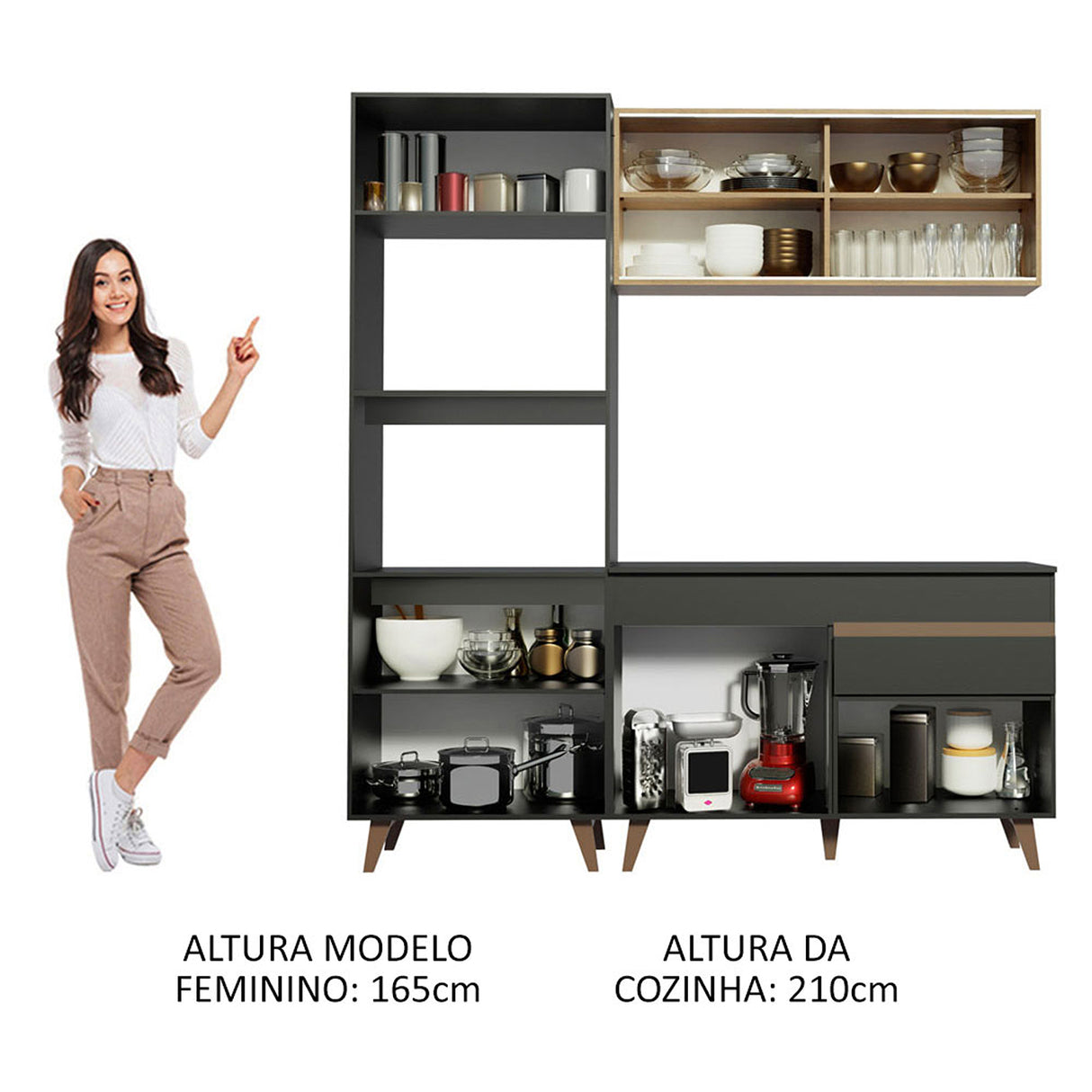 Cocina Integral Reims Negro y Marron 190x210cm con Mesón y sin Pozuelo - COCINAS | Bylmo