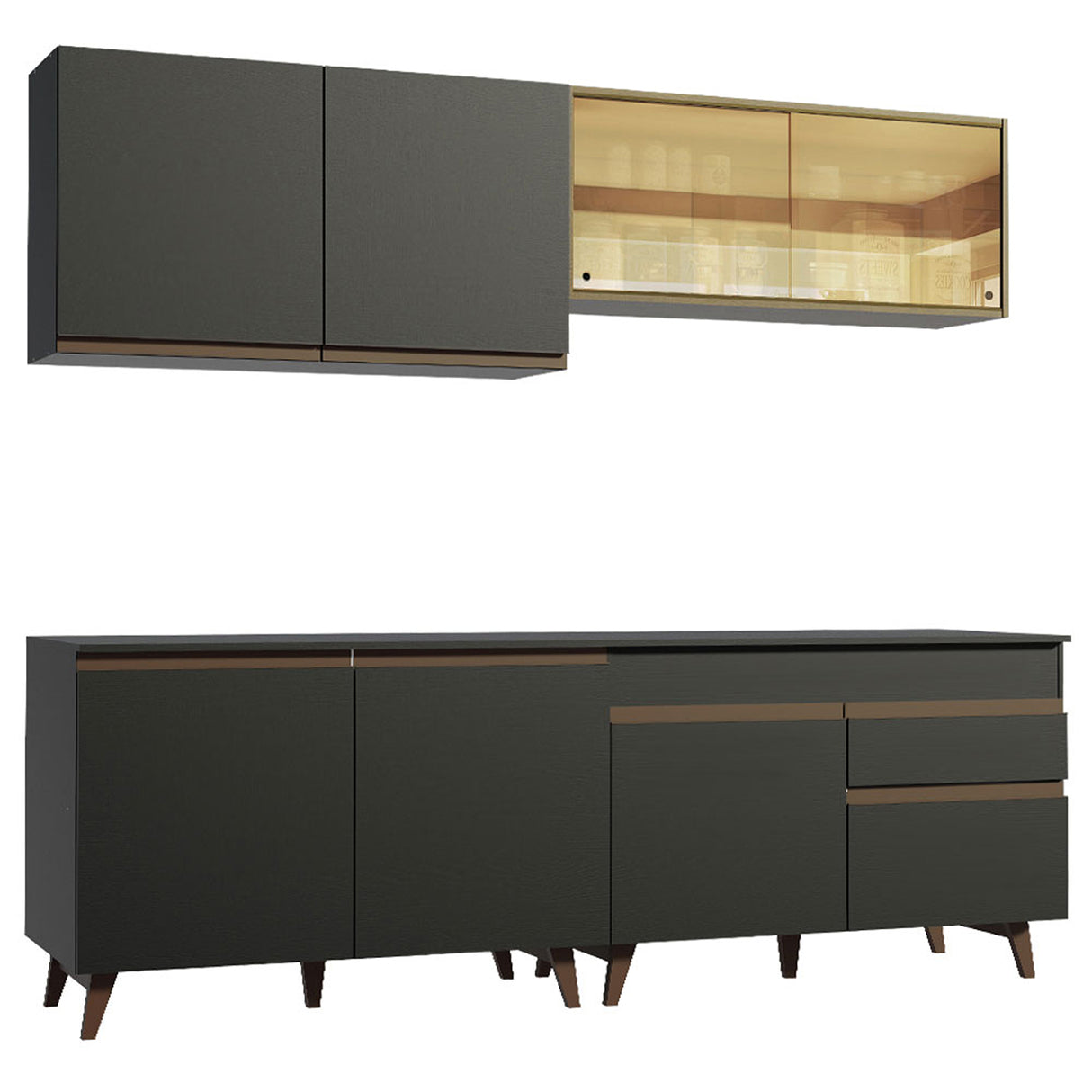 Cocina Integral Reims Negro y Marron 240x210cm con Mesón y sin Pozuelo - COCINAS | Bylmo