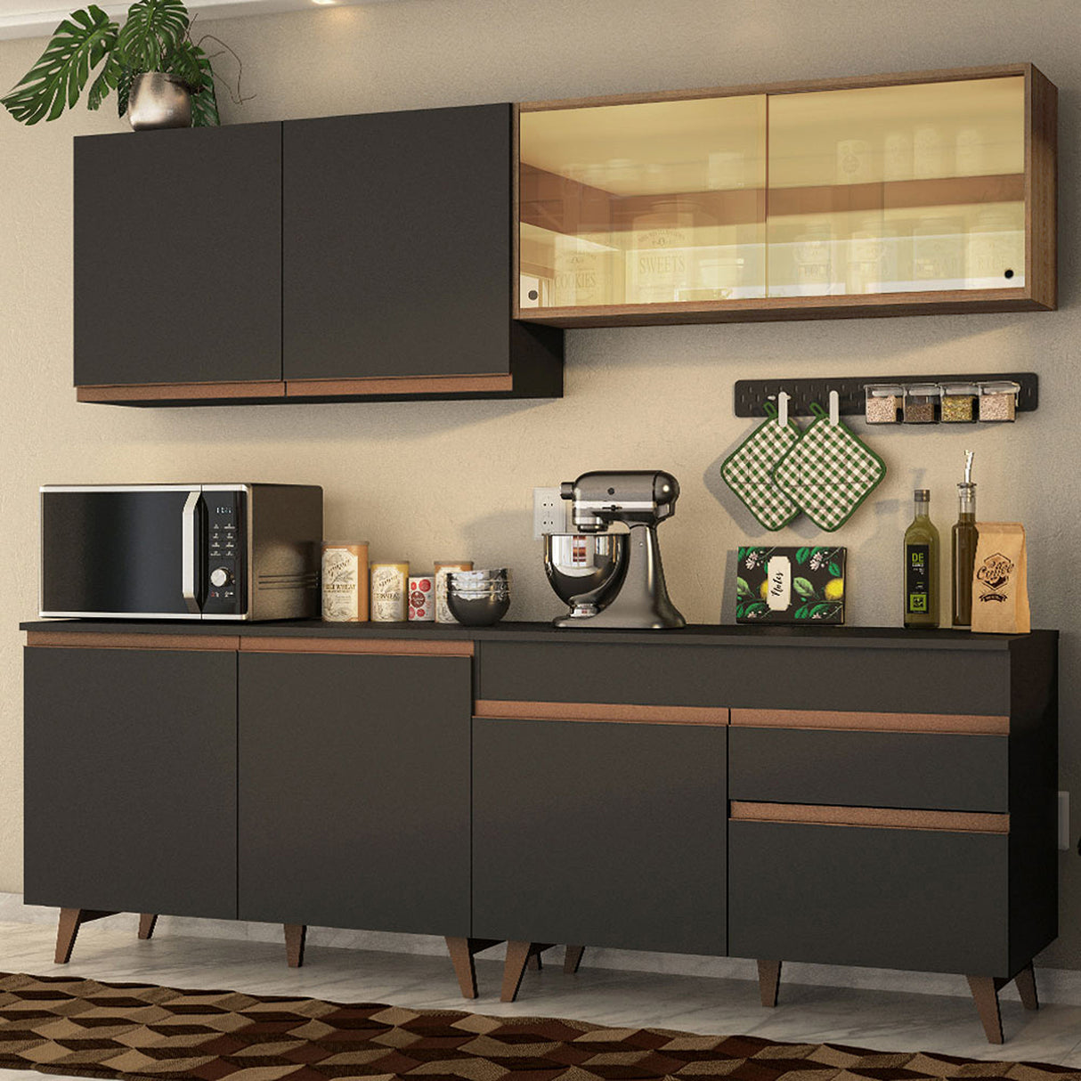 Cocina Integral Reims Negro y Marron 240x210cm con Mesón y sin Pozuelo - COCINAS | Bylmo