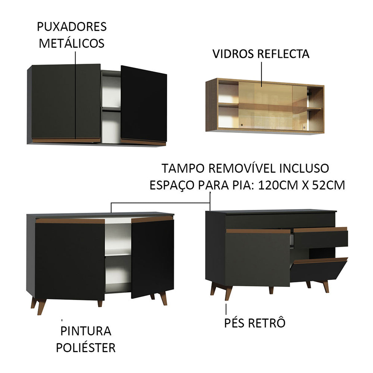 Cocina Integral Reims Negro y Marron 240x210cm con Mesón y sin Pozuelo - COCINAS | Bylmo